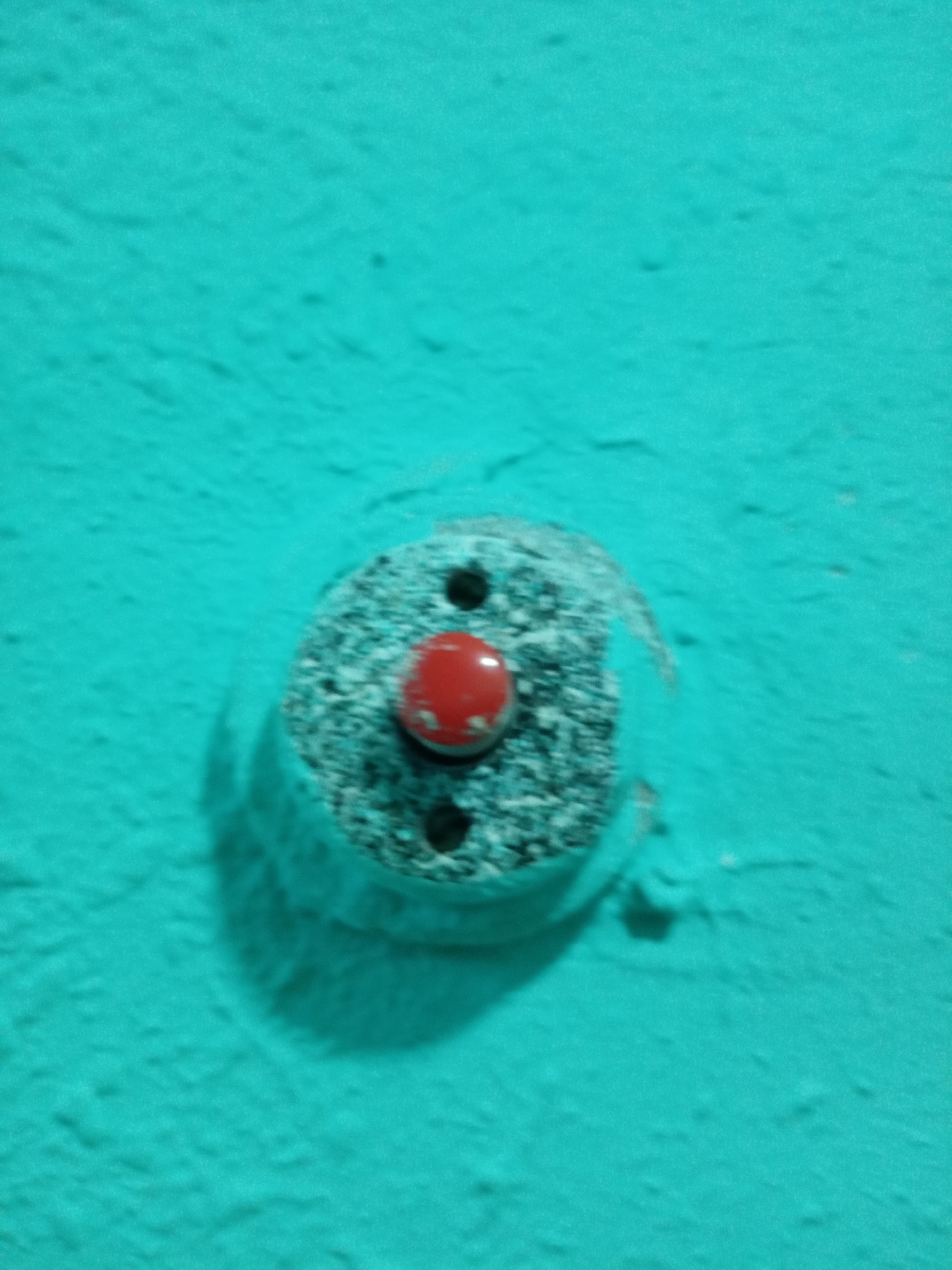 A blurry, close-up shot of a round, gray and black object affixed to a bright turquoise-colored, textured wall. The object has a raised center with a bright red button. There are two holes visible on the object, positioned opposite each other. The wall around the object appears to be sloppily painted, with evidence of the object being painted over. The object is casting a shadow on the wall beneath it. The location is unknown as nothing hints towards Elektrostal, Russia.