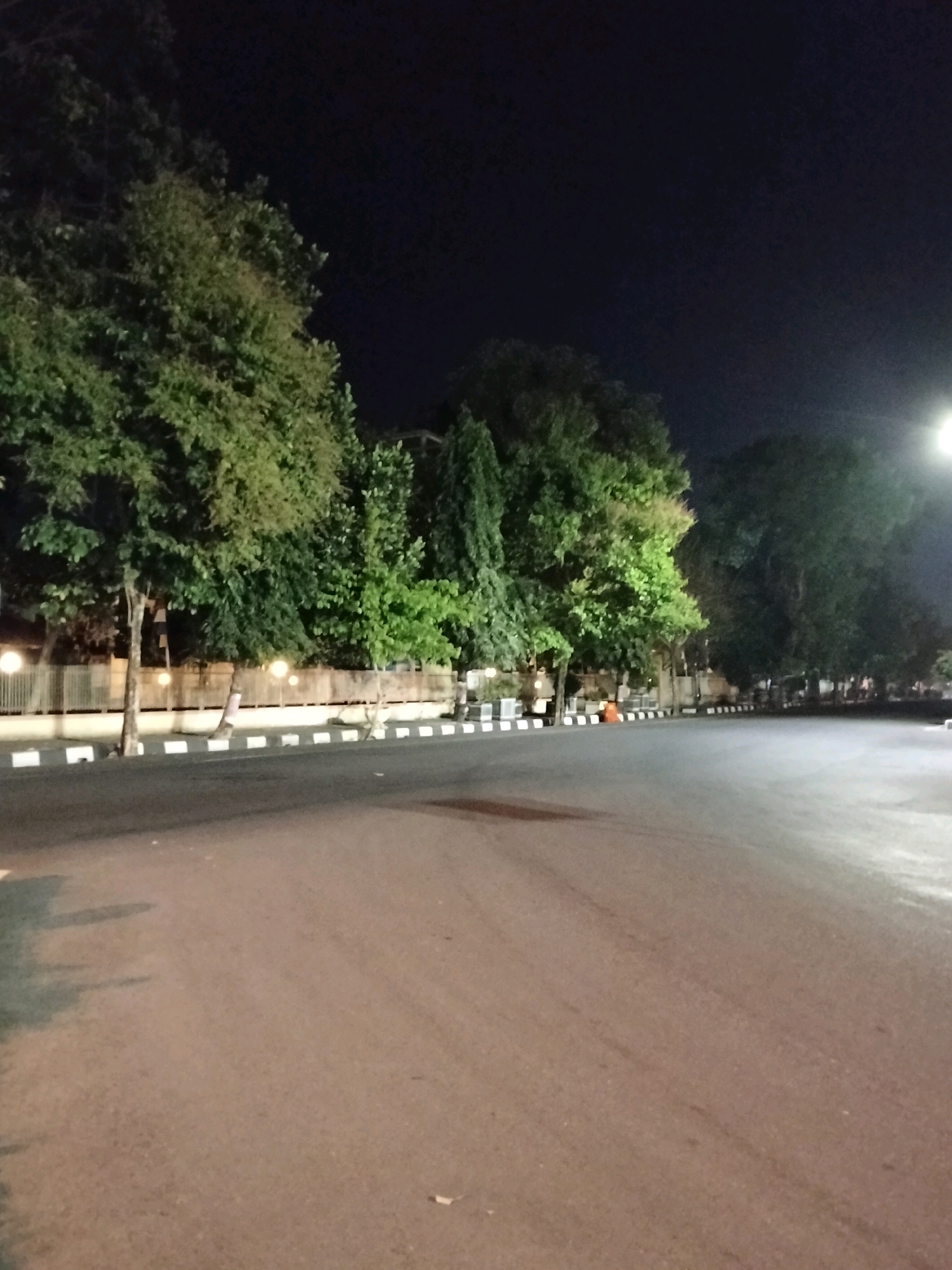 This is a photograph taken at night in front of the Purworejo Regent's Office, located on Jalan Veteran in Purworejo, Central Java, Indonesia. The image features a paved road in the foreground, with a sidewalk and a row of streetlights along the left side. Behind the sidewalk, there is a decorative fence, followed by a line of trees. The sky is dark, indicating it is nighttime, and a streetlamp is visible in the upper right corner of the frame. There are no people or vehicles visible in the image.