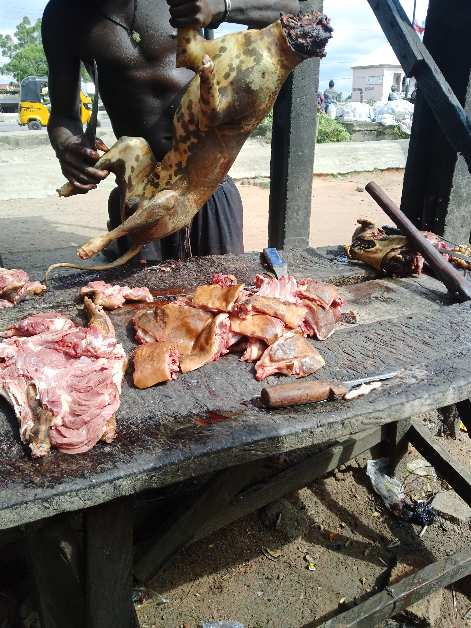A person is holding a carcass of a dog, possibly for sale, at a market stall. The dog has been skinned and appears to be in the process of being butchered or prepared for consumption. Various cuts of meat, including a large piece of raw meat and several smaller pieces, are displayed on a wooden table. A cleaver and other knives are also visible on the table, suggesting active butchery. The background shows a typical street scene with buildings and other market activities. The ground is sandy and appears to be the floor of the market. The lighting suggests it is daytime.