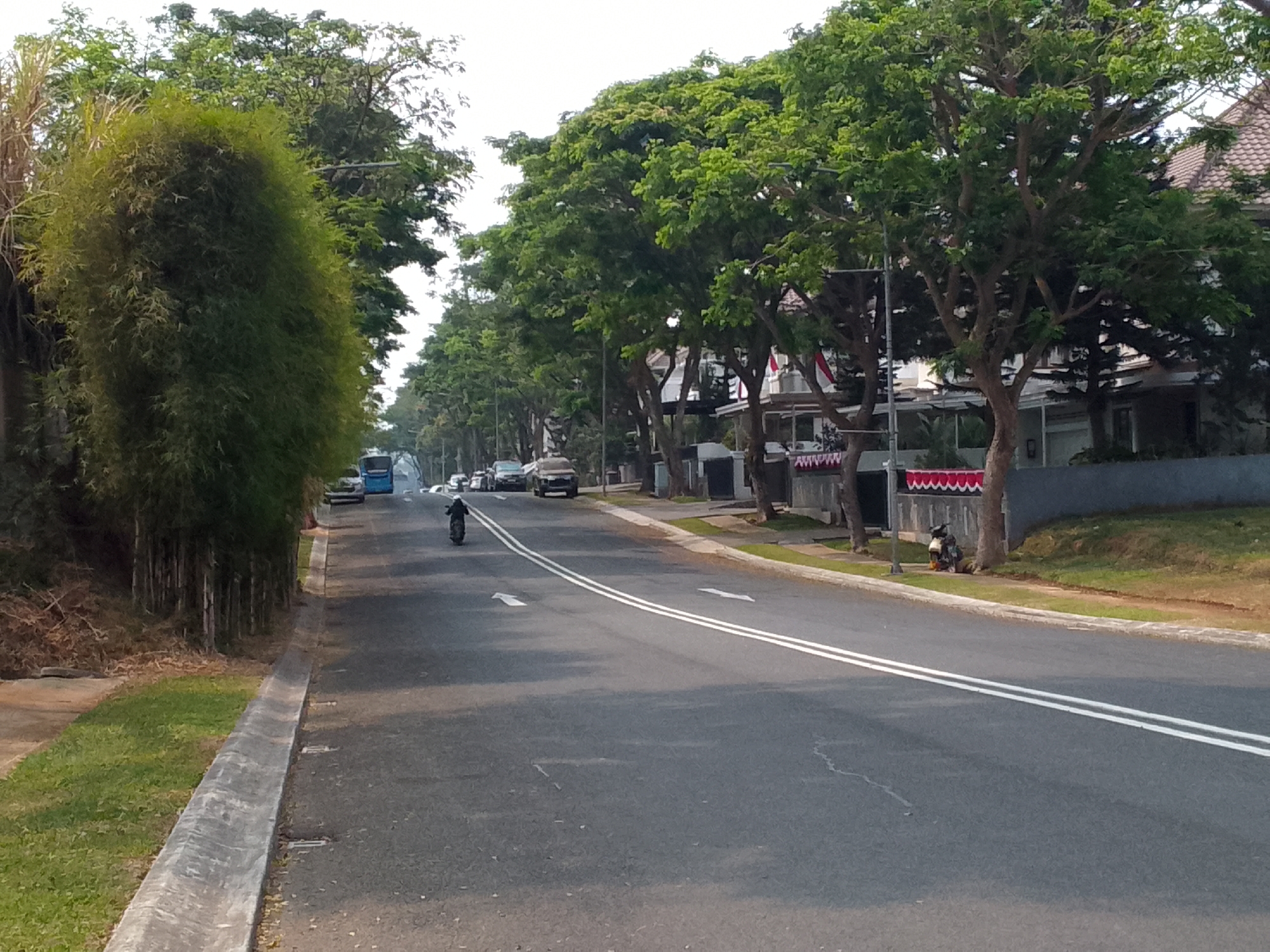A street scene in Bojonghaleuang, Indonesia, shows a paved road lined with lush green trees. On the left side of the road, a dense bamboo hedge runs along a grassy embankment. The road itself is marked with double white lines, indicating two lanes of traffic. A motorcycle rider, wearing dark clothing and a helmet, is traveling away from the camera in the right lane. Several cars and a blue bus are visible further down the road, heading in the same direction. Buildings with tiled roofs and some vegetation can be seen on the right side of the street. The sky is overcast.