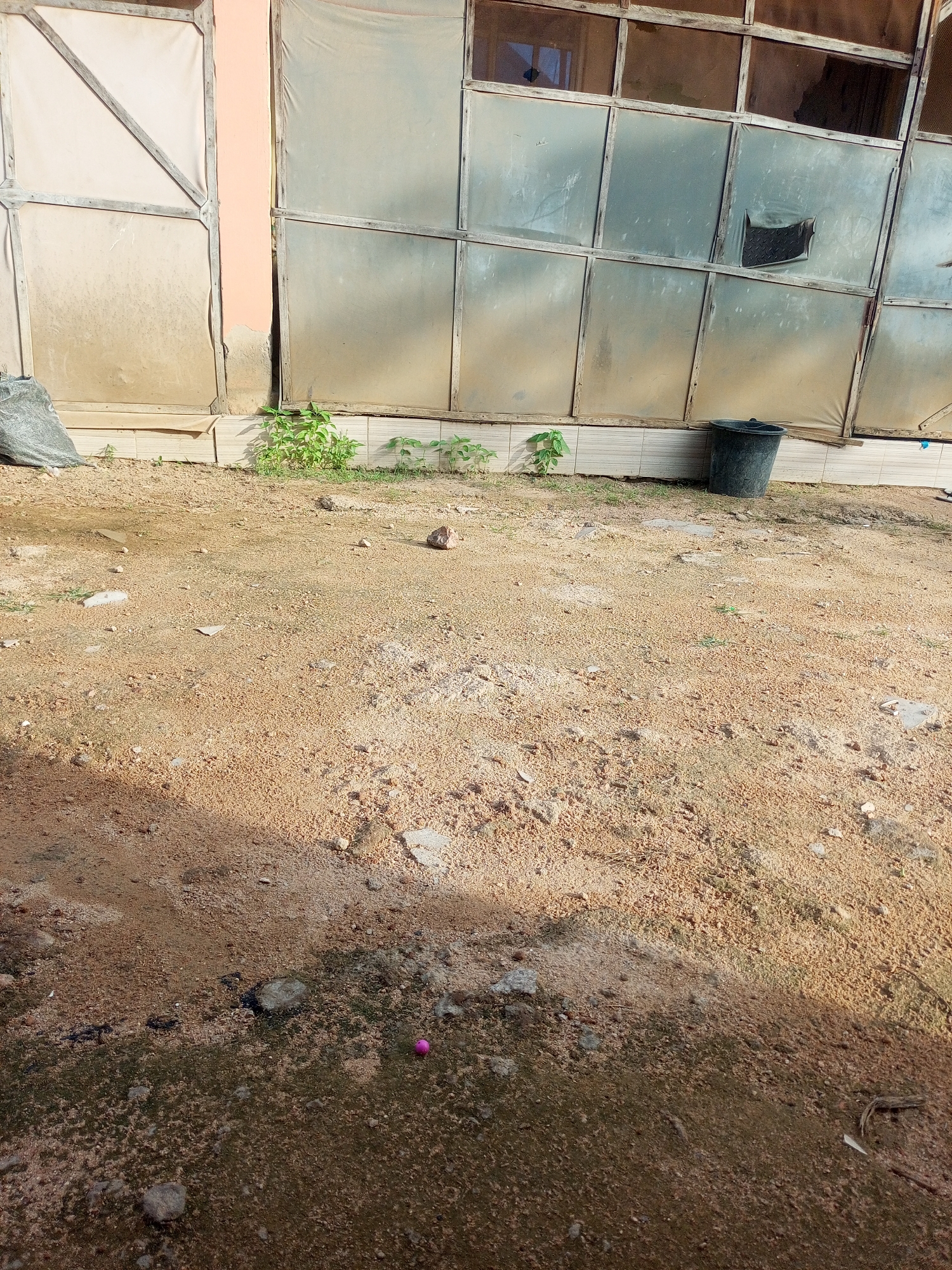 The image depicts an outdoor scene in Jalingo, Nigeria, likely in the late afternoon given the long shadows cast across the sandy ground. The setting appears to be a utilitarian area adjacent to a building with large, translucent panels framed by wooden beams. These panels are weathered and some are damaged, suggesting an older or unfinished structure.
In the foreground, the ground is covered in a coarse, sandy soil mixed with small pebbles and debris. A faint shadow line runs diagonally across the lower portion of the frame, indicating the direction of the sun. A small, bright pink object, possibly a ball or bead, is visible on the ground in the lower center-right of the image.
Along the base of the building, a low tiled border is present, with a few small green plants growing sparsely in front of it. To the left, a dark, rough-textured bag, possibly made of plastic or hessian, rests on the ground. To the right, a dark-colored plastic bucket stands near the building's wall.
The building itself has sections that appear to be covered with a light-colored fabric or tarp, stretched taut within wooden frames, particularly on the left side. The overall impression is one of an outdoor space that is perhaps a yard, a workshop, or an area behind a commercial establishment. There is no text visible in the image. The scene conveys a sense of everyday life, without any specific event or strong emotions apparent.