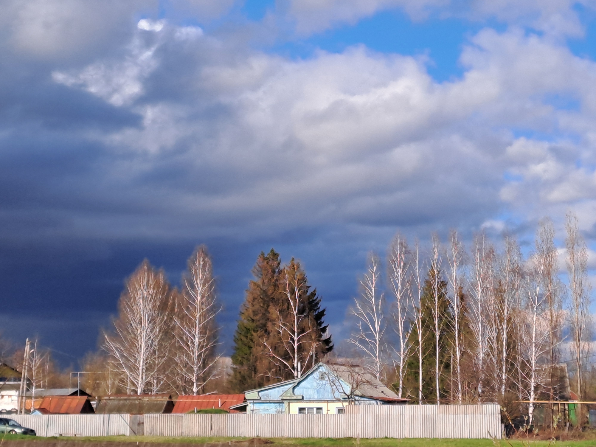 This landscape photograph, set in Полянки, Russia, captures a rural or semi-rural scene under a dramatic and dynamic sky. The upper right portion of the sky features patches of clear blue interspersed with soft, white clouds, while the left and central parts are dominated by heavy, dark grey, storm-like clouds, creating a striking contrast.
In the mid-ground, numerous trees stand out. Many are bare deciduous trees, likely birches, recognizable by their slender, light-colored trunks and delicate, intricate branch patterns, suggesting late autumn, winter, or early spring. Several darker, evergreen coniferous trees are interspersed among them, providing a contrast in color and texture.
Below the treeline, elements of a village are visible. A prominent light blue house with yellow trim and a light-colored roof, featuring windows, is central to the lower half of the image. Other buildings with reddish-brown roofs can be seen. A light-colored fence, possibly made of wood or metal, stretches horizontally across the lower foreground. A dark-colored car is partially visible behind the fence on the far left. Patches of green grass are visible on the ground in the immediate foreground.
No human activity is depicted, and there is no visible text. The overall atmosphere conveys a sense of a quiet rural setting experiencing changeable weather conditions during the daytime.