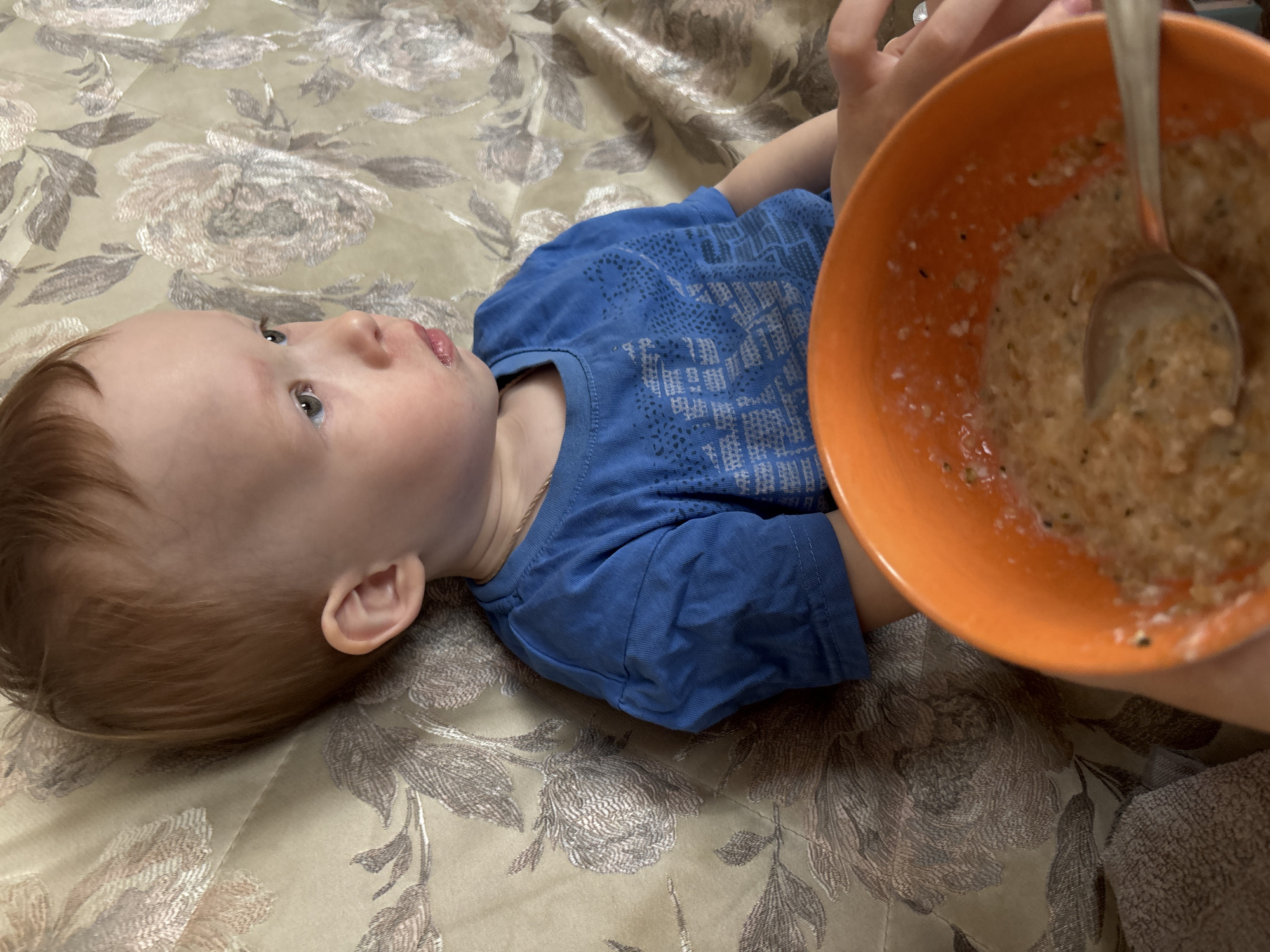 A young child in a blue shirt is lying on a patterned bedspread. An orange bowl with a spoon in it is being held by an adult. The scene is presumably taking place in Ферма, Russia, as specified.