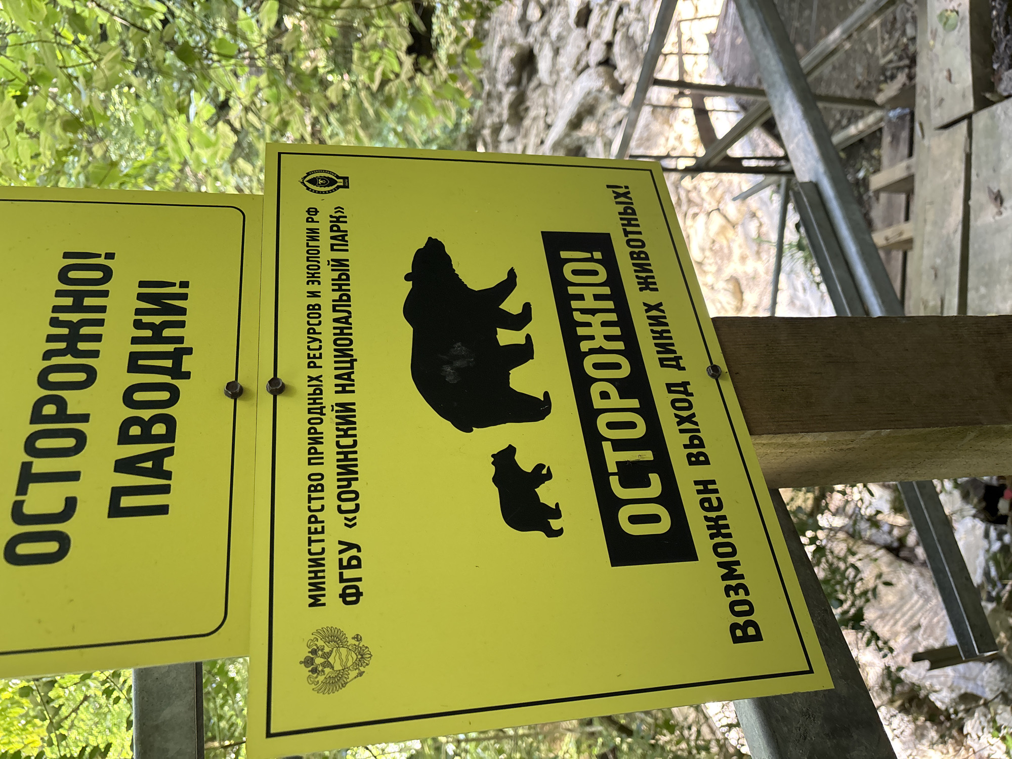 The image shows two yellow warning signs posted outdoors. The top sign, partially obscured, reads "ОСТОРОЖНО! ПАВОДКИ!" which translates to "CAUTION! FLOODS!". The bottom sign is larger and displays text and a silhouette of two bears, a mother and a cub. The text on the bottom sign reads "МИНИСТЕРСТВО ПРИРОДНЫХ РЕСУРСОВ И ЭКОЛОГИИ РФ ФГБУ «СОЧИНСКИЙ НАЦИОНАЛЬНЫЙ ПАРК»" which translates to "MINISTRY OF NATURAL RESOURCES AND ECOLOGY OF THE RF FSBI «SOCHI NATIONAL PARK»". Below this, in large black letters on a yellow background, is "ОСТОРОЖНО!", meaning "CAUTION!". Underneath that, in smaller black letters, it says "Возможен выход диких животных!", translating to "Wild animals may exit!". The signs are mounted on wooden posts and appear to be in a natural environment, with foliage visible in the background and a rocky, possibly water-worn area below. The signs are likely located within the Sochi National Park, a protected area in the Khostinskiy District of Sochi, Russia.