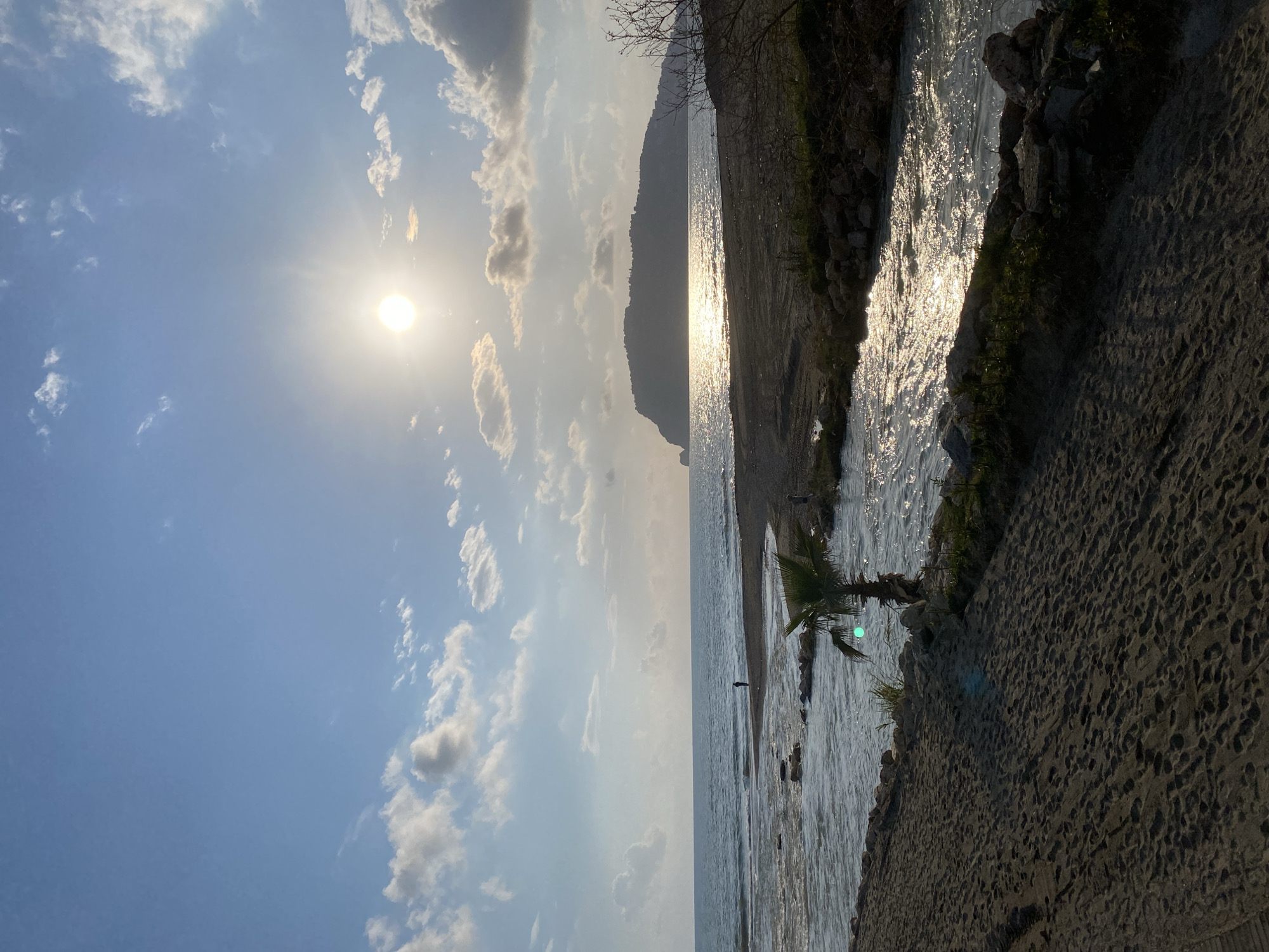 The image depicts a sunny beach scene in Alanya, Turkey. The sky is bright blue with scattered white clouds and the sun shining intensely. A dark, mountainous landmass is visible across the water. The sea reflects the sunlight, creating a shimmering effect. The shoreline is visible on the right side of the image, composed of rocks, sand, and some greenery. A small palm tree is growing near the shoreline. A silhouetted figure can be seen standing in the water. The perspective is angled, with the shoreline running along the right edge and the sea extending to the left.