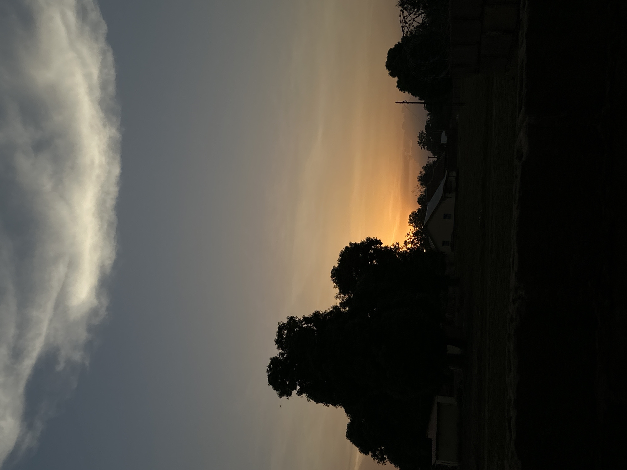 The image captures a sunset in Bukuru, Nigeria. A large, white cloud formation is visible on the left side of the frame, contrasted against a gradient sky transitioning from a pale blue-grey to a vibrant orange towards the horizon. The silhouette of a tree dominates the foreground, its branches obscuring some of the setting sun. Behind the tree, a building is partially visible. Further back, faint outlines of trees, a power pole, and what appear to be haystacks indicate rural structures. The foreground is dark, with only indistinct forms present.