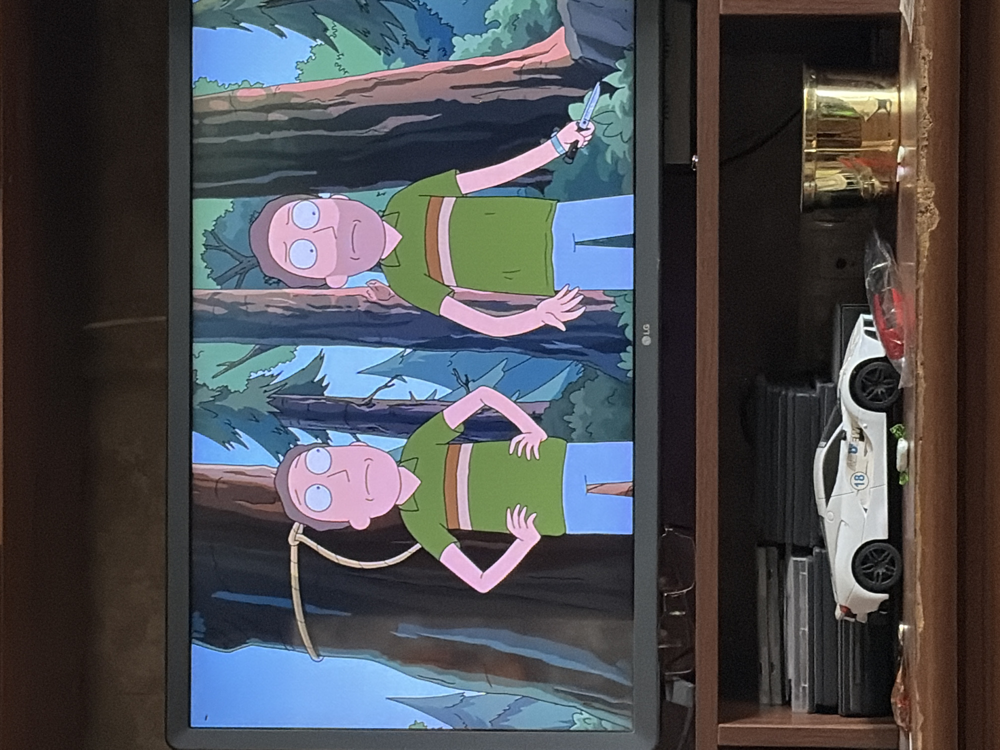 The image shows a television screen displaying a scene from the animated show Rick and Morty. Two characters resembling Jerry Smith are depicted in a forest setting. The character on the left has his hands on his hips, while the character on the right is holding a knife. Below the television, on a wooden shelf, is a white toy sports car with the number 18 on its side. To the right of the toy car is a golden cylindrical object. A stack of media cases is visible behind the toy car. The scene appears to be indoors, possibly in a living room, with the television on a stand.