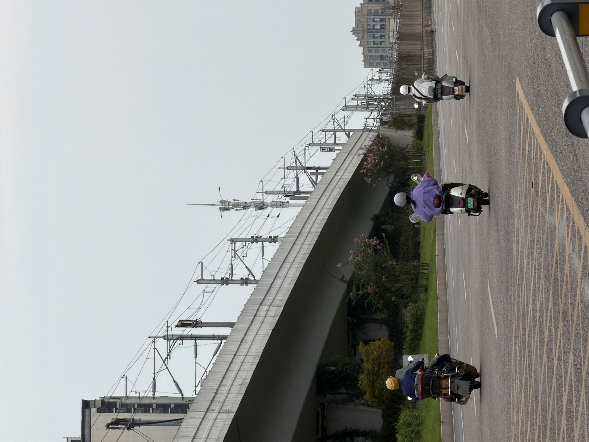 The image depicts a street scene in Jiangjin, China, with an overpass for a train or highway overhead. Three individuals on scooters are traveling on the road. The scooter closest to the camera on the left is ridden by a person wearing a yellow helmet and a blue top. The middle scooter is ridden by someone wearing a purple jacket and a white helmet. The scooter on the right is ridden by a person wearing a white top and a white helmet. The road is asphalt with yellow and white lane markings. Vegetation, including trees and flowering bushes, lines the side of the road. In the background, there are buildings and utility poles with electrical wires. The sky is overcast.