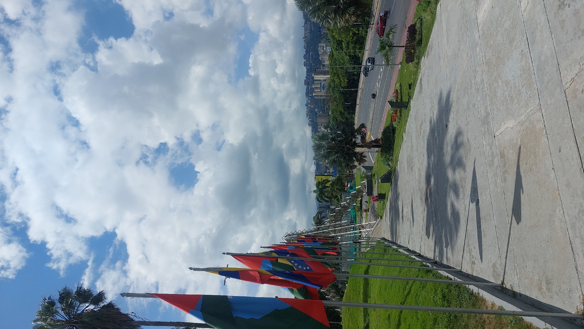The image shows a row of flags representing various nations, likely displayed along a public avenue. The flags are vibrant and colorful, adding visual interest to the scene. Adjacent to the flags is a concrete pathway or plaza, showing signs of wear with cracks. In the background, there is a roadway with traffic, including cars and other vehicles. Beyond the roadway, there are buildings, suggesting an urban environment, likely Caracas, Venezuela. The sky is partly cloudy, with patches of blue visible. The shadows of palm trees are cast on the concrete.