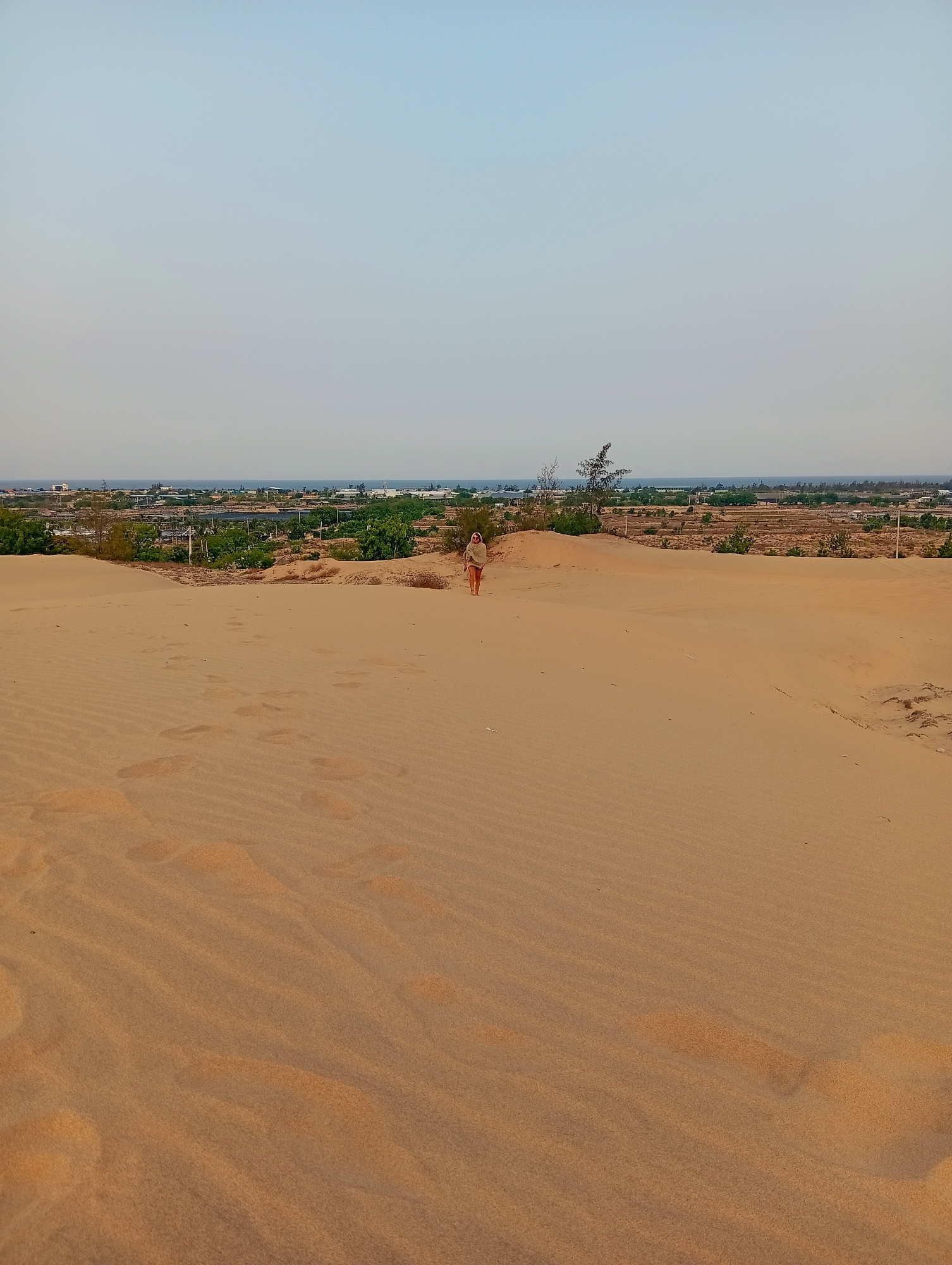 The image depicts a vast, serene landscape dominated by expansive sand dunes under a pale, hazy sky. In the foreground and mid-ground, golden-brown sand stretches across the frame, showcasing undulating ripples formed by wind and several clear human footprints, indicating recent passage.
A single individual, appearing to be a woman, is seen walking on the sand dune in the mid-ground, positioned slightly to the right of the center. She is dressed in light-colored attire and has a light fabric covering her head or shoulders, suggesting protection from the sun or a modest style. Her figure appears small against the scale of the surrounding environment, conveying a sense of solitude or exploration.
Beyond the immediate dunes, the landscape flattens out, revealing sparse vegetation, scrubby trees, and what appears to be a mix of cultivated land or agricultural fields, possibly aquaculture ponds, and scattered buildings or structures. This suggests human development bordering the natural dune system. In the far distance, a faint horizon line separates the land from a body of water, likely the sea or ocean, consistent with the coastal location of Phuoc Dinh, Vietnam.
The sky is a soft, light blue, transitioning to a lighter, almost greyish tone near the horizon. The diffused lighting suggests either early morning, late afternoon, or an overcast day, creating a gentle and tranquil atmosphere without harsh shadows. No visible text is present in the image. The scene captures the striking contrast between the natural, expansive dunes and the distant signs of human presence.