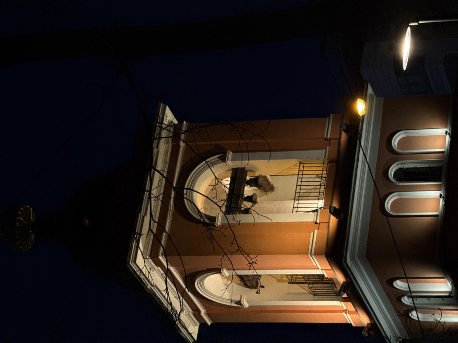 The image displays the illuminated bell tower of the Church of St. Nicholas in Khamovniki, located at Komsomolsky Prospekt, 6, Moscow, Russia, at night. The multi-tiered structure features salmon-orange walls contrasted by bright white architectural elements including cornices, pilasters, and arch surrounds.
The visible lower section of the tower contains at least three recessed arched window openings, illuminated from below by warm artificial light. The belfry level above features large arched openings. Two bronze-colored bells are clearly visible within the second arch from the left, with another bell partially obscured in the leftmost arch. Dark metal railings are installed on small balconies within the belfry arches. The tower is topped by a dark, bulbous dome, which is silhouetted against the dark blue-black sky, with a golden, radially fluted finial at its apex.
Artificial lighting, primarily warm yellow-orange, highlights the tower's architectural details and the interior of the belfry. Bare tree branches with fine twigs are visible in the foreground, partially obscuring the tower. On the right, a thick, dark vertical element, likely a tree trunk, is silhouetted against the sky. A streetlamp emitting a bright yellow light source is present in the lower right, partially obscured by branches. Further to the right and lower, another streetlamp with cooler white illumination is visible, casting light onto a building in the background. No people or discernible actions are present in the scene.