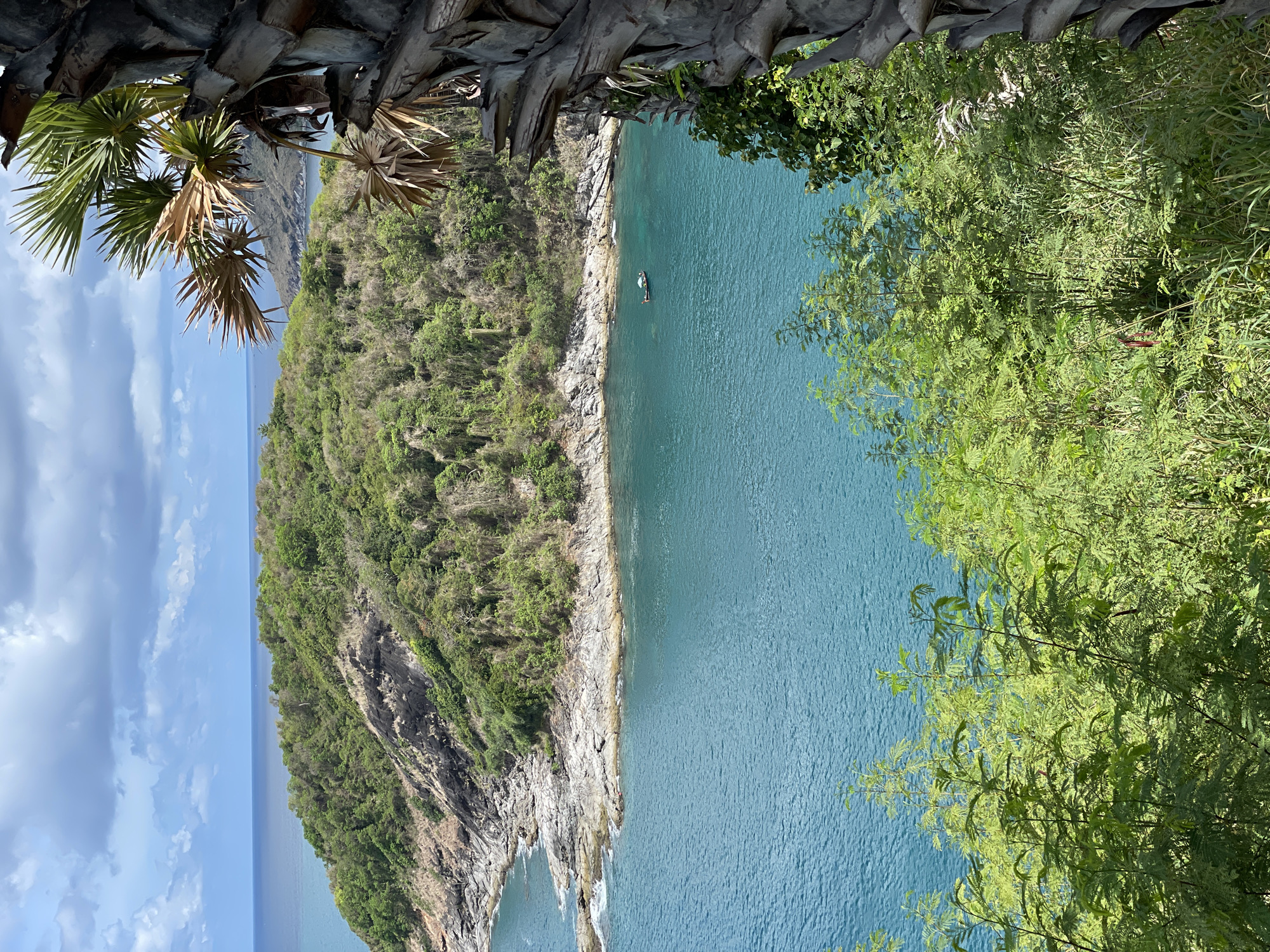 The image is a landscape photograph taken from a high vantage point in Rawai, Thailand. The view overlooks a coastline featuring a densely vegetated peninsula extending into the sea. The peninsula is covered in lush greenery, with rocky cliffs visible along the shoreline. A small boat or kayak is seen on the water near the edge of the peninsula.
The water is a deep blue color, and the sky above is partly cloudy. A palm tree and additional foliage frame the shot, partially obscuring the view at the top and right sides.