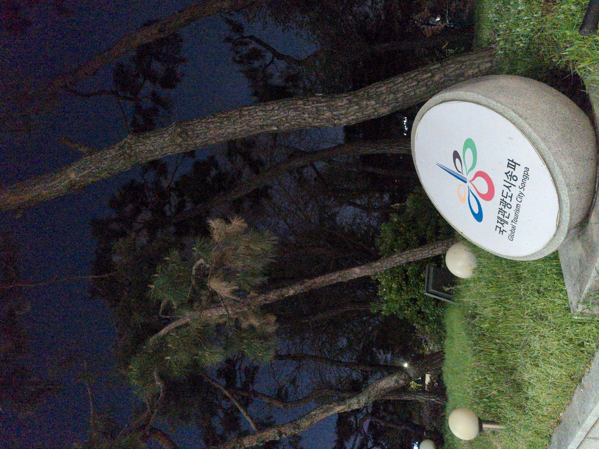 The image shows a night scene in Songpa, a district in Seoul, South Korea. A sign for "Global Tourism City Songpa" is visible on a round stone base, positioned amidst grass and trees. The darkness suggests a low-light environment, with minimal artificial illumination. The sign’s presence indicates the location is likely a park or tourist area within Songpa. The branches of trees loom against a dark sky, with a few spherical street lights dotting the area. The image suggests a quiet, possibly deserted outdoor space.