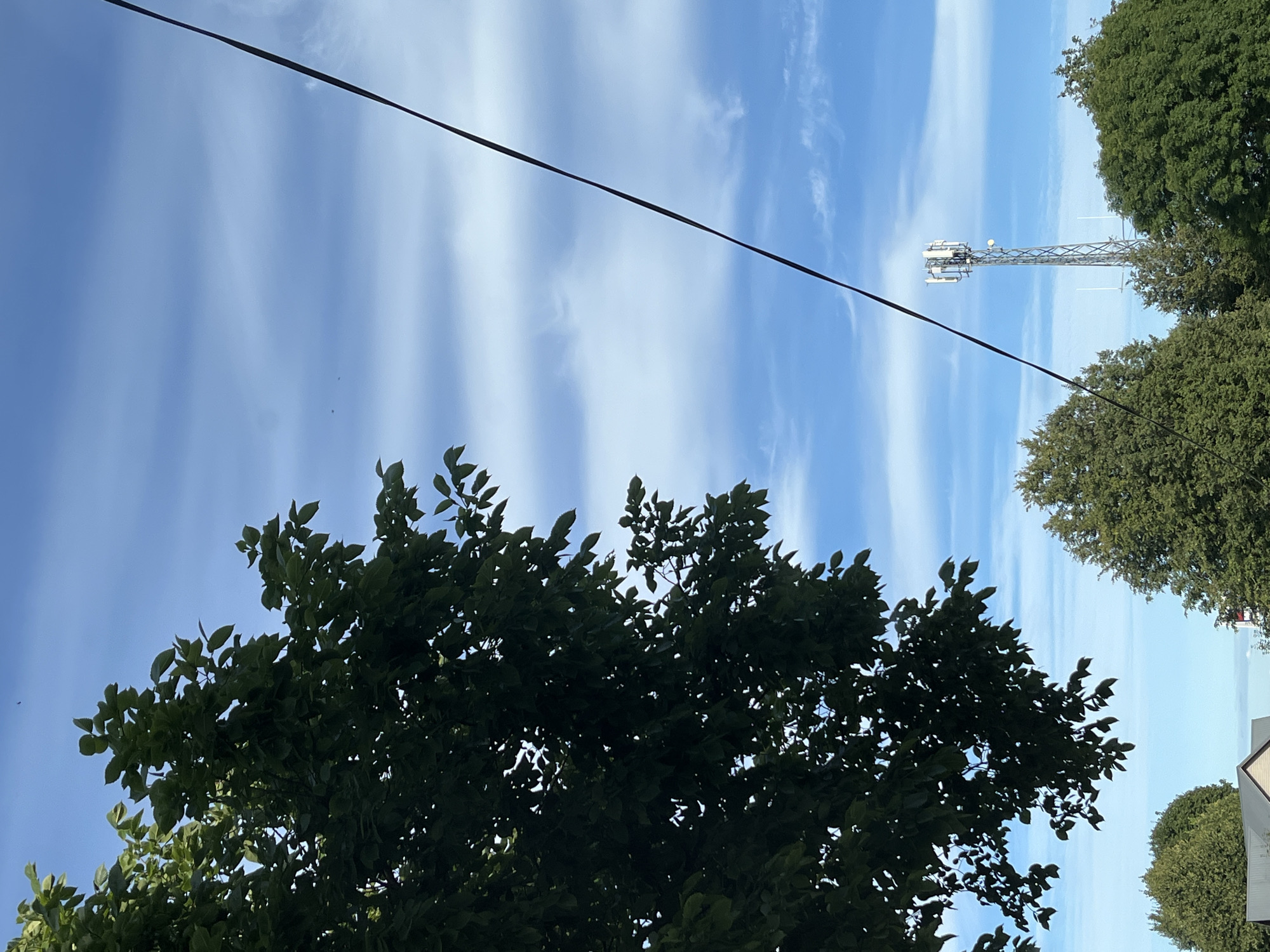 A cellular tower stands tall amidst lush green trees under a bright blue sky. The tower, a metallic lattice structure, is adorned with multiple antennae at its apex. A thick black cable stretches diagonally across the frame, originating from the upper left and extending towards the lower right. The sky is streaked with thin, horizontal white clouds, creating a layered effect. In the foreground, the leafy branches of a large tree dominate the left side of the image, casting shadows and adding a natural element to the scene. The lower portion of the image reveals the tops of more trees and a hint of residential rooftops. This scene is likely located in Kohtla-Järve linn, Estonia, given the commonality of such towers in urban and semi-urban environments for telecommunication purposes.