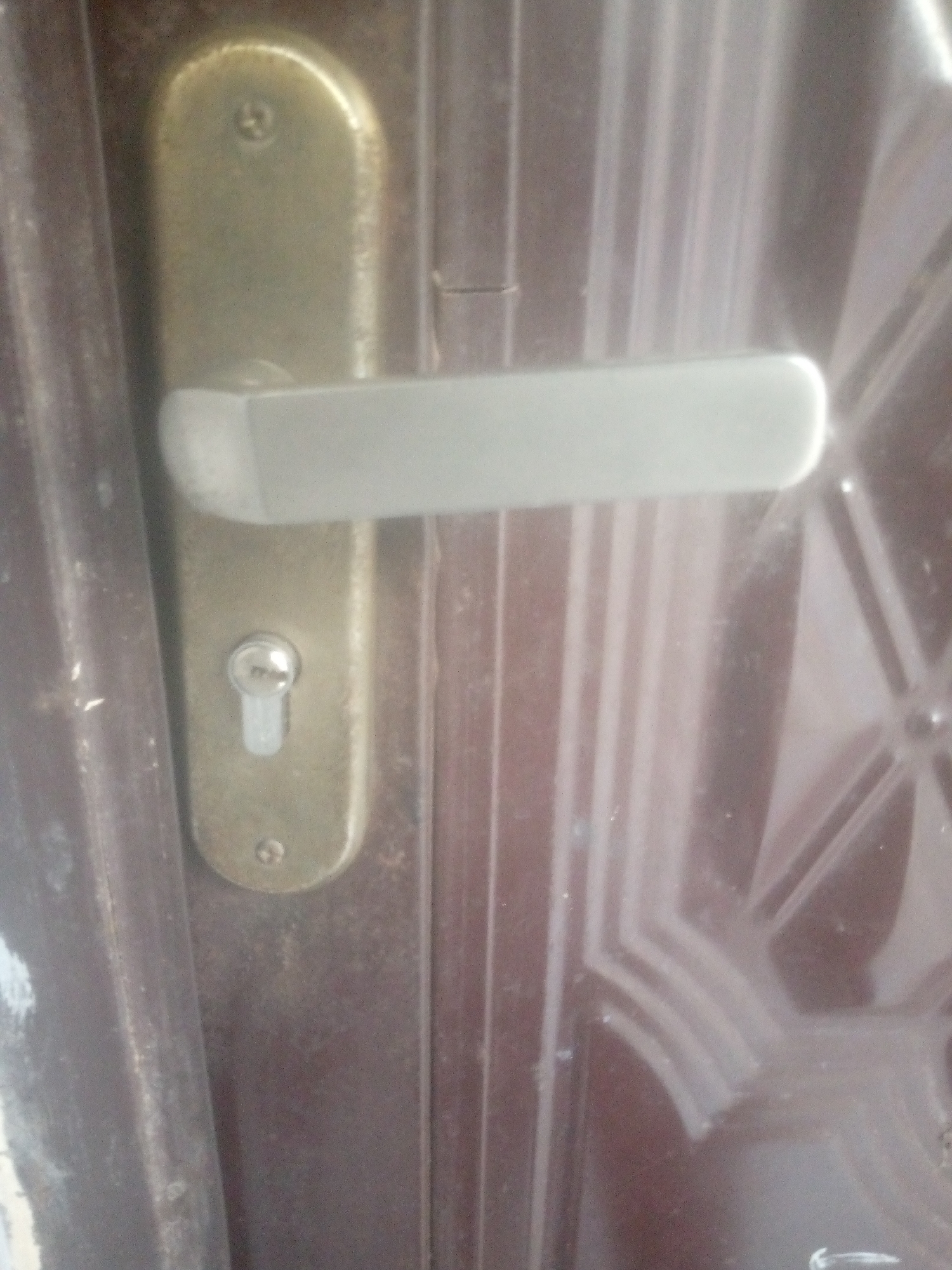 An outdoor medium shot captures a close-up of a door handle and lock on a brown door. The door handle, made of a silver-toned metal, is horizontal and positioned above the lock. The lock cylinder, also silver-toned, is vertically oriented and sits within a brass-colored escutcheon plate that is affixed to the door. The escutcheon plate has a rounded top and bottom and is secured to the door with screws. The door itself appears to be made of metal and has a decorative embossed pattern with vertical lines and diagonal shapes. The lighting is diffused, suggesting it might be an overcast day or the image was taken in a shaded area.