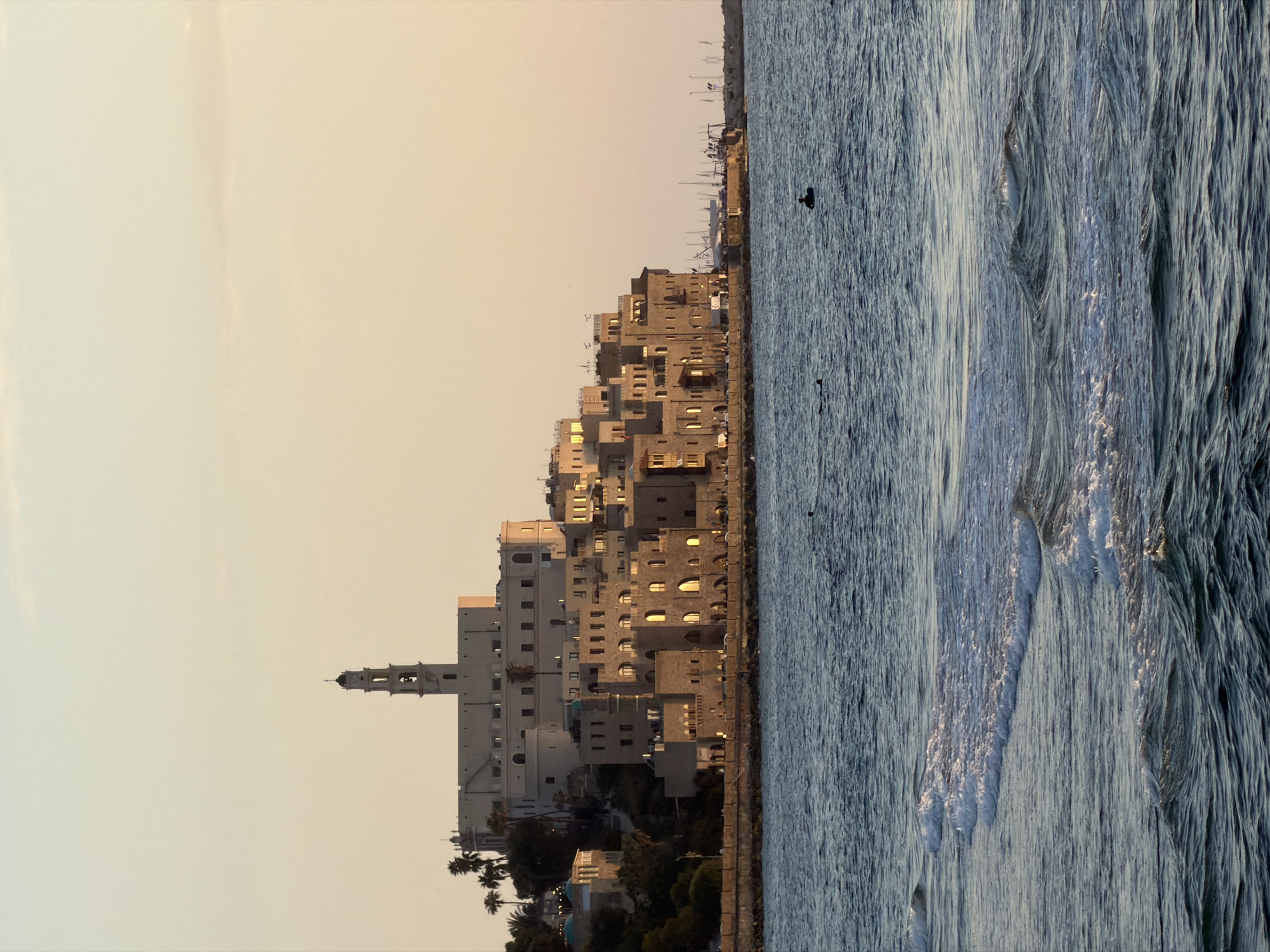 The image shows a coastal view of Tel Aviv, Israel, featuring a mix of historical architecture and a seascape. The old city of Jaffa stands out, with its tightly clustered buildings and a church tower. The buildings are constructed of sandstone, with a series of windows. The sea occupies a significant portion of the scene with a rippled surface. The sky is light. There is no sign of people in this photo.