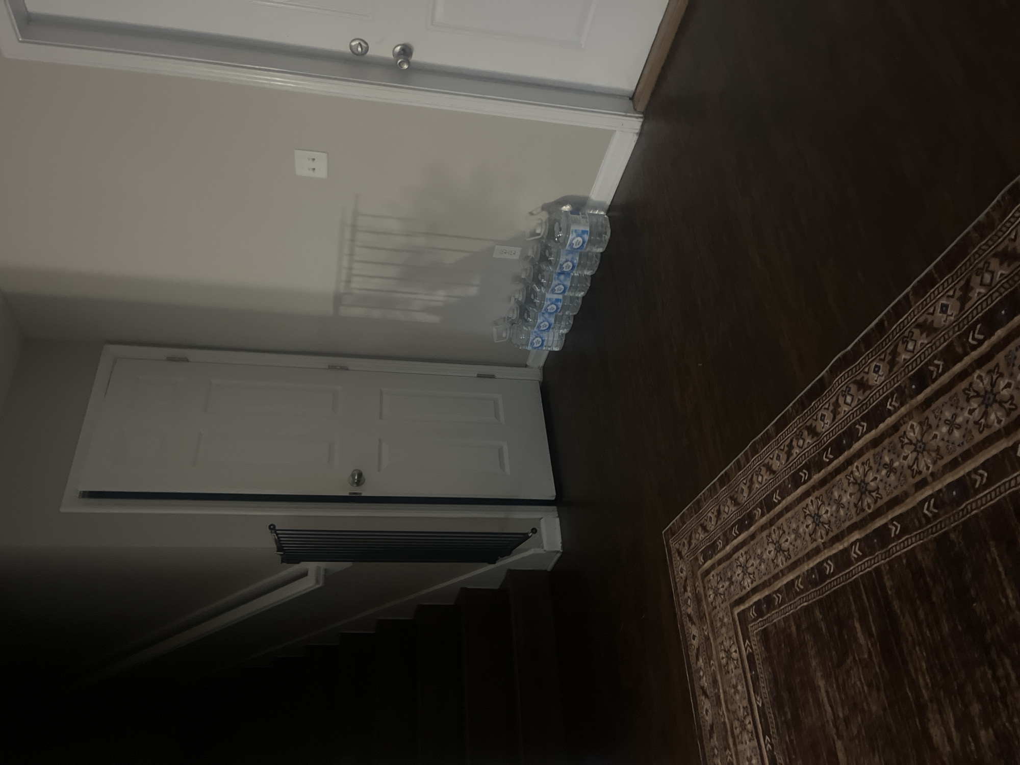 The image depicts an interior scene, likely a hallway or foyer in a residential setting. On the left, a dark staircase ascends into shadow. Adjacent to the stairs, a black metal baby gate is installed. A white door with a silver doorknob is visible in the mid-ground. To the right of this door, a row of plastic water bottles with blue labels are lined up against a light-colored wall. Above the water bottles, a white electrical outlet is mounted on the wall. Further to the right, another white door with two silver doorknobs is partially visible. The floor is covered with dark hardwood and a portion of an oriental-style rug with brown, beige, and blue patterns is in the foreground. The lighting is dim, casting shadows throughout the scene. The location is described as Jacksonville, United States of America.