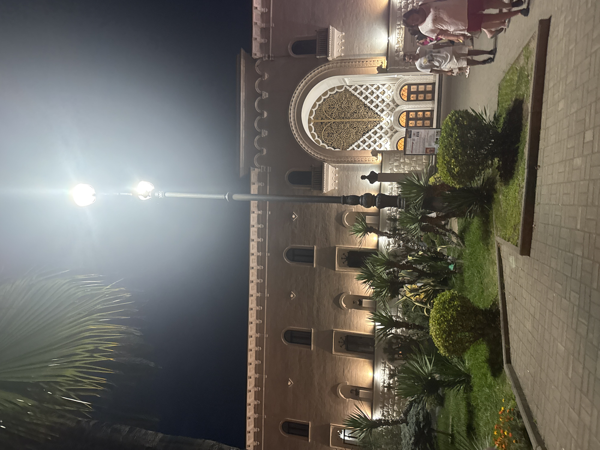 The image shows a night scene in front of a building with a large, ornate golden gate. The building appears to be made of stone and is illuminated by several lights. In the foreground, there is a paved walkway with brick paving stones. To the left, there is a garden area with palm trees and bushes. A street lamp with two lights stands in the middle of the walkway. Several people are visible walking on the walkway in the background. The location is identified as Sokhumi, Abkhazia. The overall impression is one of an illuminated public space at night, possibly a cultural or governmental building, with pedestrian activity.