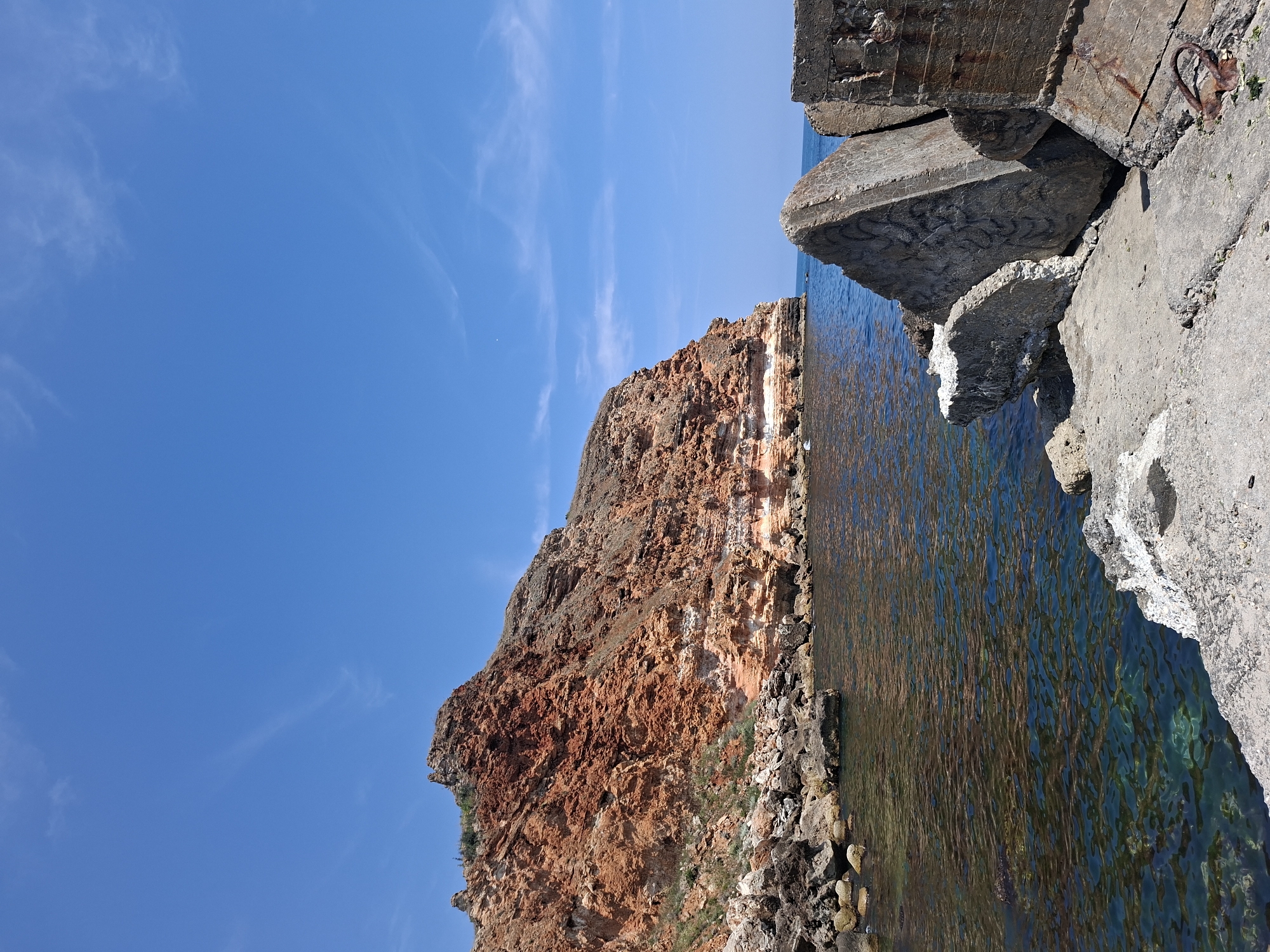 This is a vertical, medium-distance, eye-level, full-shot photograph of a rugged coastal scene under a clear blue sky. The image captures the natural beauty of the Bulgarian Black Sea coast near the village of Balgarevo.
In the background, a prominent, imposing reddish-brown cliff face dominates the left side of the frame. The cliff exhibits layered rock formations and appears weathered, with patches of greenery growing on its upper ledges. The cliff slopes down to meet the calm, deep blue water.
The middle ground is occupied by the dark blue sea, which is relatively clear, allowing glimpses of the rocky seabed and submerged stones. Scattered along the shoreline in front of the cliff are numerous dark, wet rocks of varying sizes.
The foreground features a weathered, concrete structure, possibly part of an old jetty or breakwater. These concrete elements are large, angular, and appear to be broken and piled up. One large, triangular concrete slab is prominent, with graffiti visible on its surface. Another concrete section shows signs of rust and wear. A rusty metal ring is embedded in the concrete in the lower right corner.
The sky above is a vibrant, cloudless blue, with a few faint wisps of white clouds stretching across the upper portion of the image. The overall impression is one of a serene yet powerful natural landscape, juxtaposed with man-made decay. There are no people or animals visible in the frame.