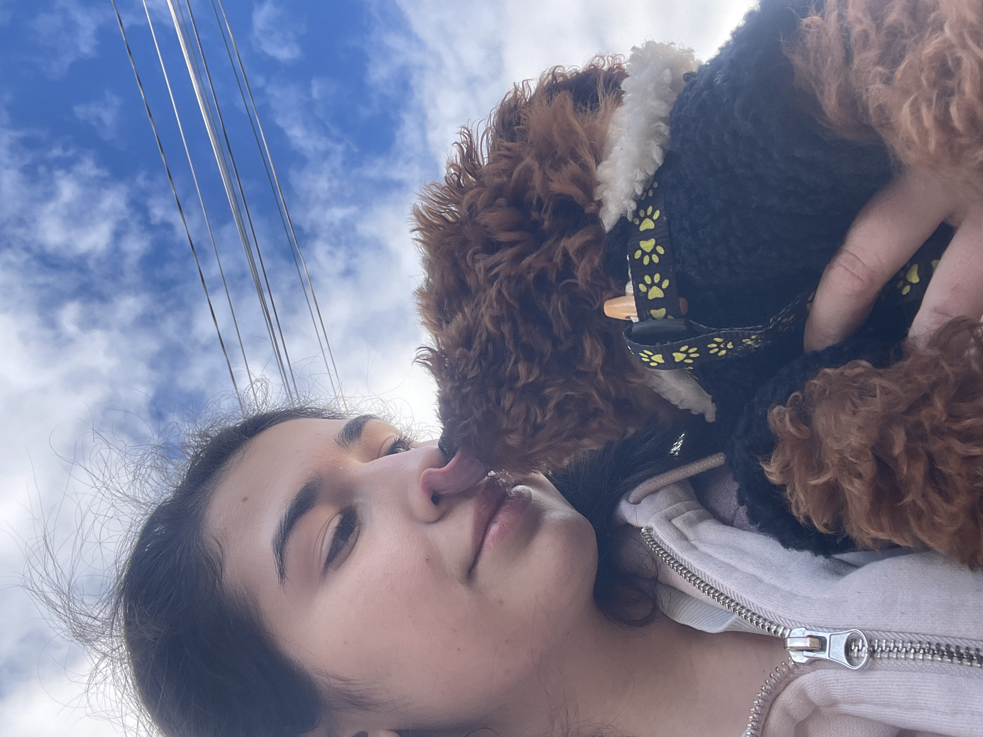 A young woman is lying on her back, looking up. A brown poodle with a black and white coat and a collar with yellow paw prints is licking her nose. The woman is wearing a light-colored zippered hoodie. The background is a blue sky with white clouds and several power lines. The location is presumed to be Sofia, Bulgaria.
