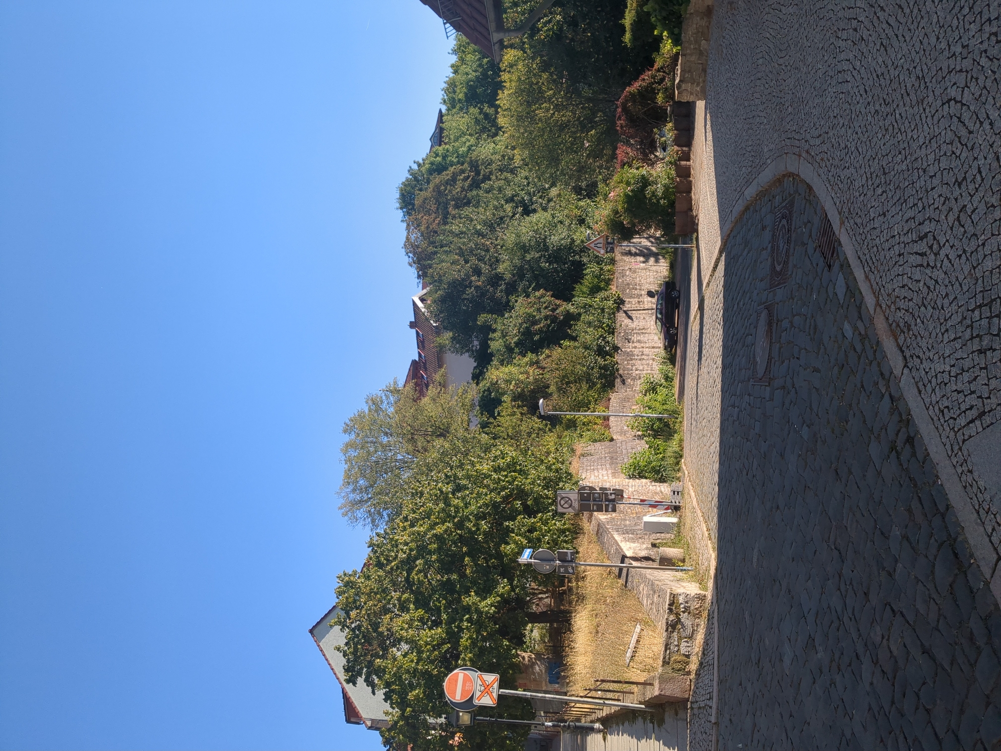 The image captures a sunlit street scene in Nordhausen, Germany. The foreground is dominated by a cobblestone street, curving to the right and leading into the middle ground. A raised section of cobblestones on the left features manhole covers and a storm drain. In the middle ground, a stone wall runs horizontally, topped with dry grass and a small tree. To the left of the wall, a street sign with a red circle and a horizontal bar, indicating "no entry," stands next to a lamppost. Further to the right, a set of traffic signs and a traffic light are visible. A dark-colored car is parked near the wall on the left. Beyond the wall, a dense line of trees and foliage stretches across the background, with several buildings peeking through the leaves. The sky above is clear and blue. The overall impression is that of a quiet, historic street, likely in an older part of the city, bathed in the warm light of a sunny day.