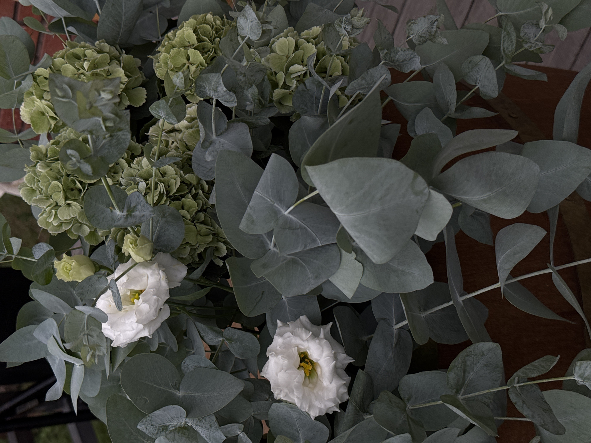 This is a close-up, overhead shot of a floral arrangement with eucalyptus leaves and light green hydrangeas, accented by two white lisianthus flowers. The flowers and foliage are arranged in a dark brown planter, which sits on a wooden deck. The overall color palette is muted, with shades of green, white, and brown. The image does not depict the city of Tibeta, Georgia.