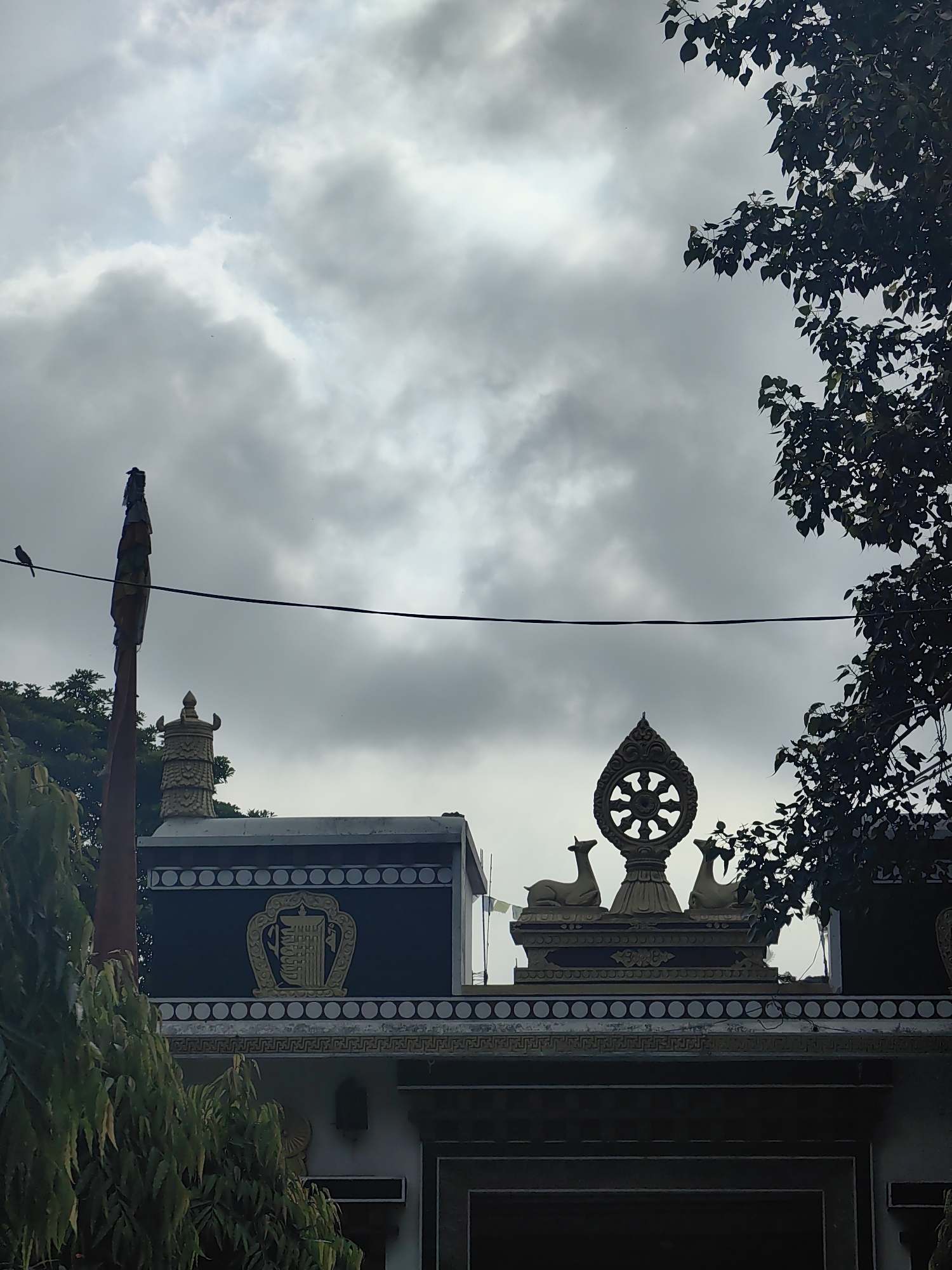 A low-angle, vertical shot captures the rooftop of a building in Delhi, India, against a cloudy sky. The architectural style suggests a Buddhist or Tibetan influence, with ornate decorations and religious symbols. Prominently featured is the Dharma Chakra, a wheel of law, perched atop a structure adorned with two deer. To the left, a tall, layered pole stands with a bird perched on top and another bird on a wire that stretches across the frame. Green foliage frames the right side of the image, and more lush greenery is visible on the left. The overall impression is one of solemnity and spiritual significance.