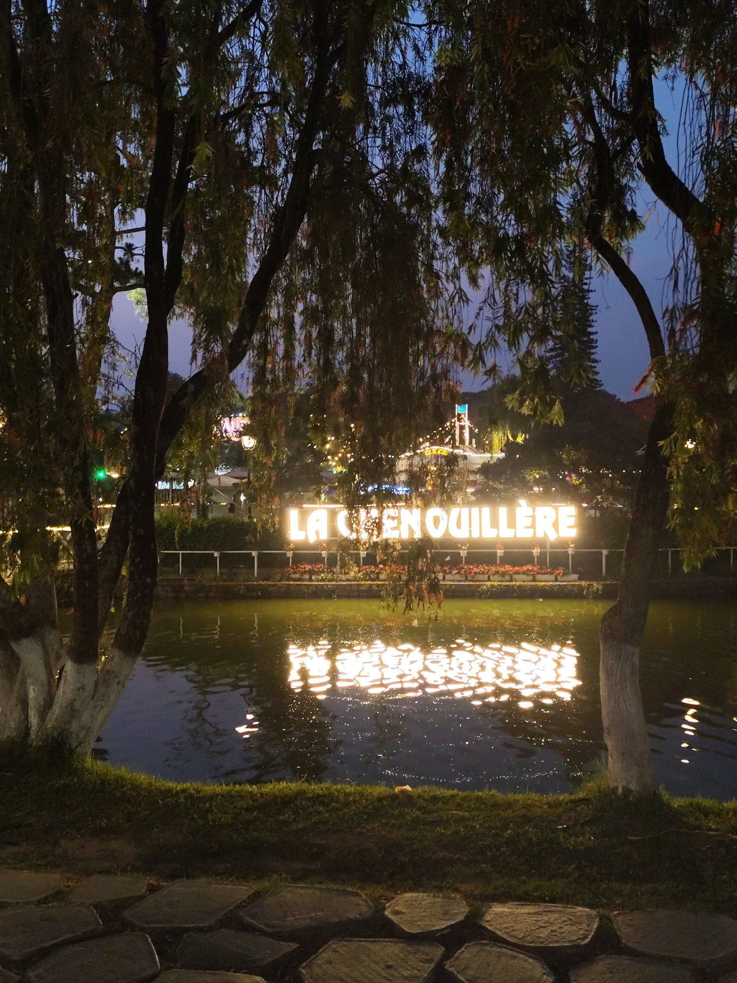 The image captures a nighttime scene at Xuan Huong Lake in Da Lat, Vietnam. A pond or lake reflects the illuminated sign "LA CRENOUILLERE" prominently displayed on the opposite bank. Trees with peeling white bark frame the view. The foreground consists of a stone-paved path and grassy area. In the distance, structures and a tower are visible, illuminated by lights. The sky is dusky.