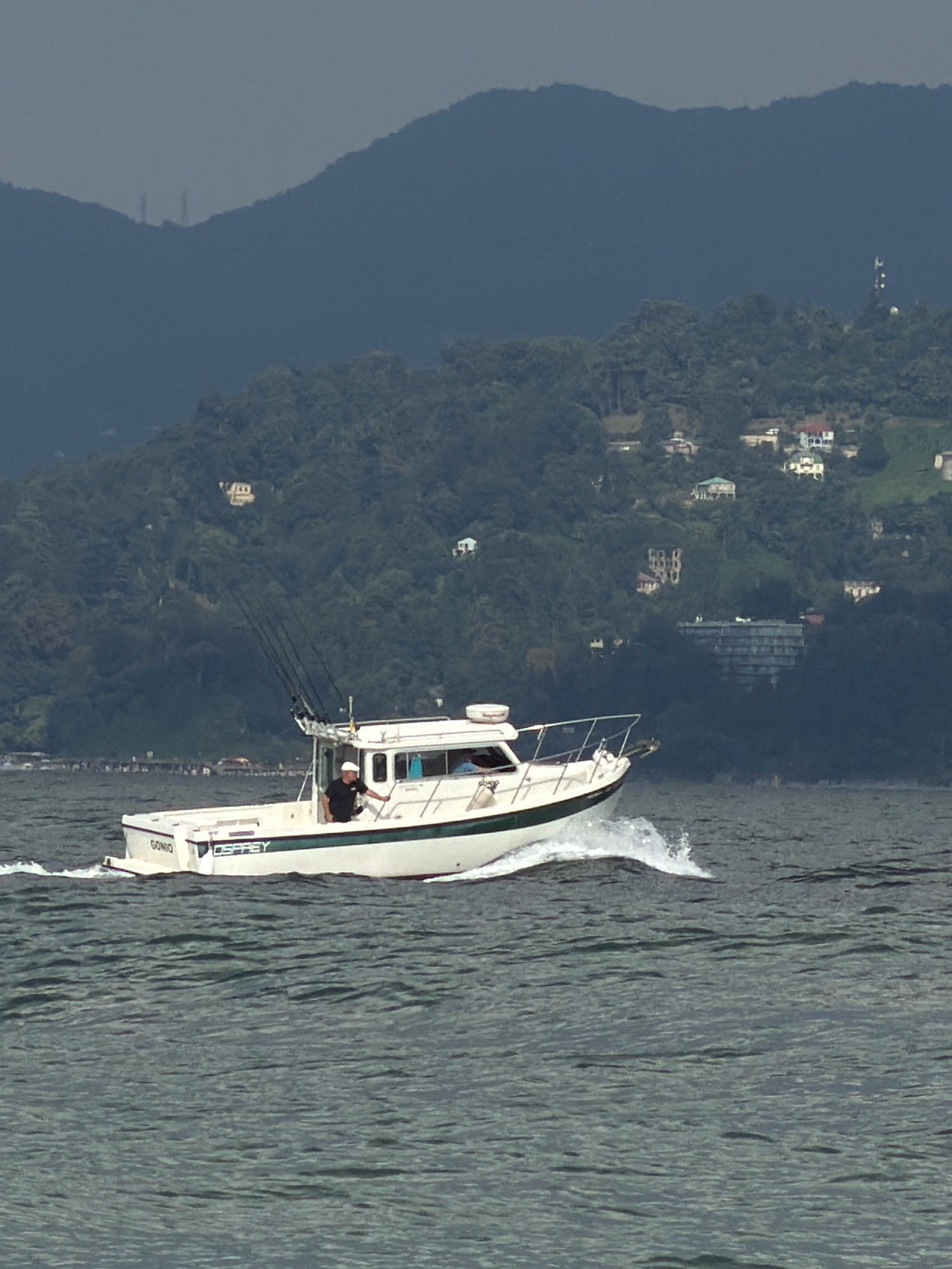 A white motorboat with a green stripe is cruising on dark, choppy water. A person wearing a black shirt and a white cap is standing at the helm of the boat. The boat has fishing rods mounted at the stern. In the background, a lush green hillside is dotted with houses and trees. Further back, a mountain range rises under a hazy, overcast sky. The scene appears to be set in a coastal area, likely Batumi, Georgia, given the prominent hillside topography and the presence of a modern building visible on the slope.