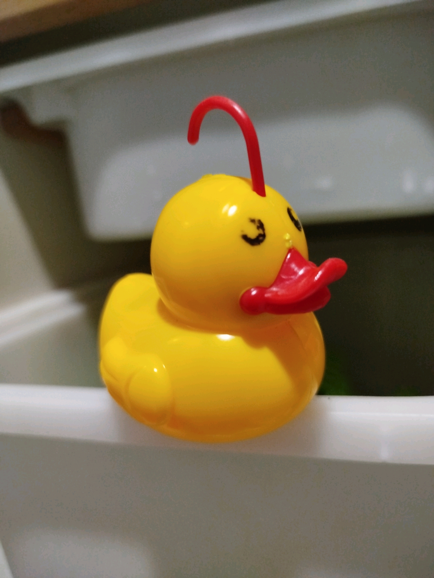 A bright yellow rubber duck toy with a red beak and a red loop attached to its head sits on the edge of a white container, possibly a bathtub or a sink. The duck has two black dots for eyes and a small red protrusion below its beak. The background is blurred, showing a wooden surface and a gray wall. The scene appears to be indoors. There is no indication of a specific location in Mojoagung, Indonesia.