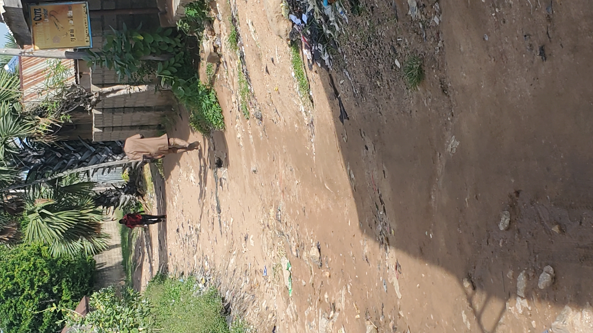 The image depicts a dusty, unpaved road in Jalingo, Nigeria. Two individuals are walking away from the camera down the road. The person in the foreground is wearing a light brown garment. The person further down the road is wearing a dark red shirt and dark pants. The road is lined with overgrown vegetation and scattered debris, including plastic waste. On the right side of the road, there is a brick wall and a sign advertising "CUTZ". The overall environment appears to be somewhat neglected, with evidence of pollution and lack of proper infrastructure. Palm trees and other leafy trees are visible in the background. The lighting suggests it is daytime.