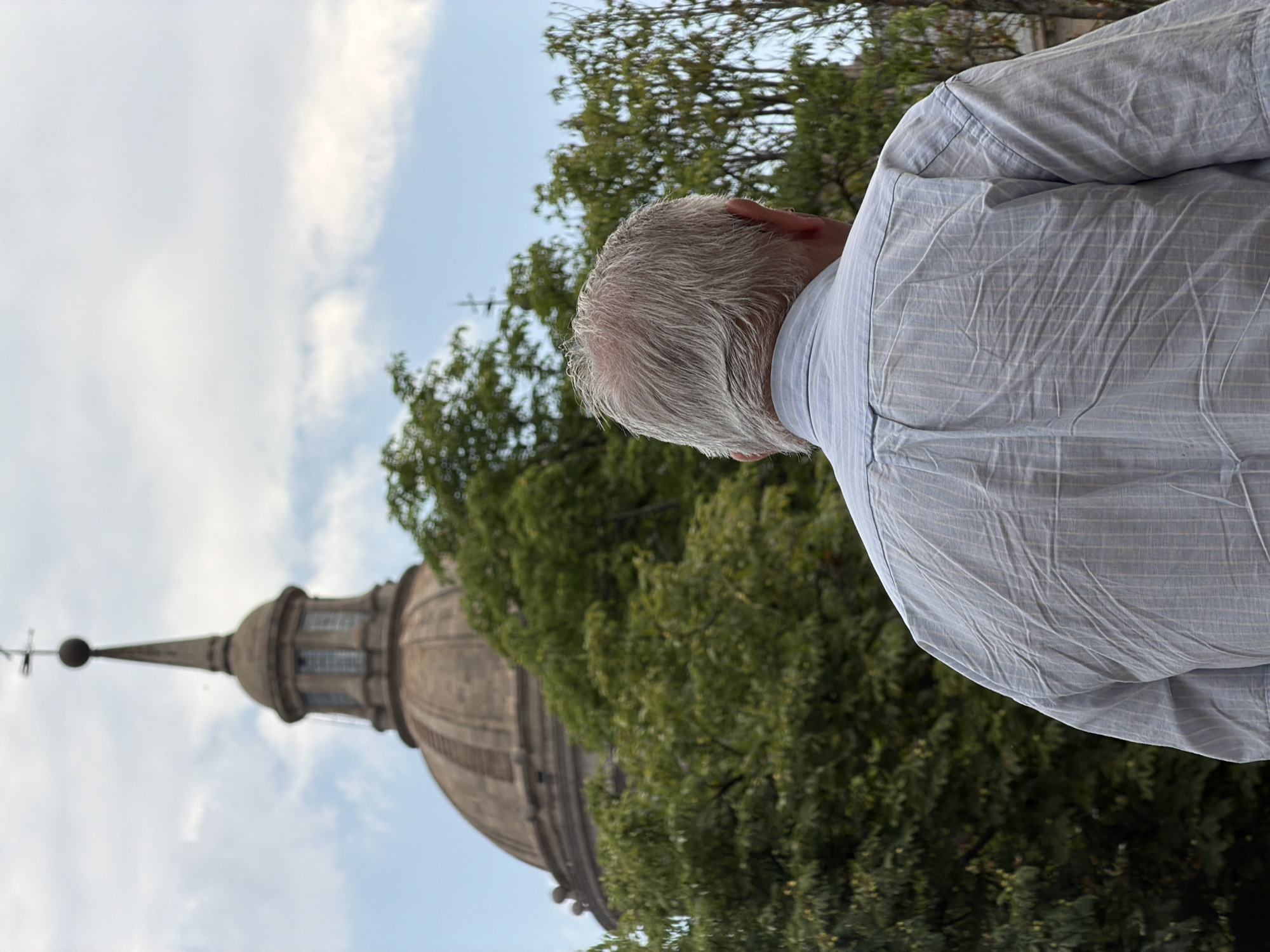 The image shows a person from behind, facing a large, domed building with a spire and weather vane, partially obscured by trees. The building appears to be an ancient or historical structure. The person has gray hair and is wearing a light blue, striped collared shirt. The sky above is partly cloudy. This building is likely the Monastery of San Lorenzo de El Escorial, a UNESCO World Heritage site located in San Lorenzo de El Escorial, Spain, which is renowned for its vast dome and spire.