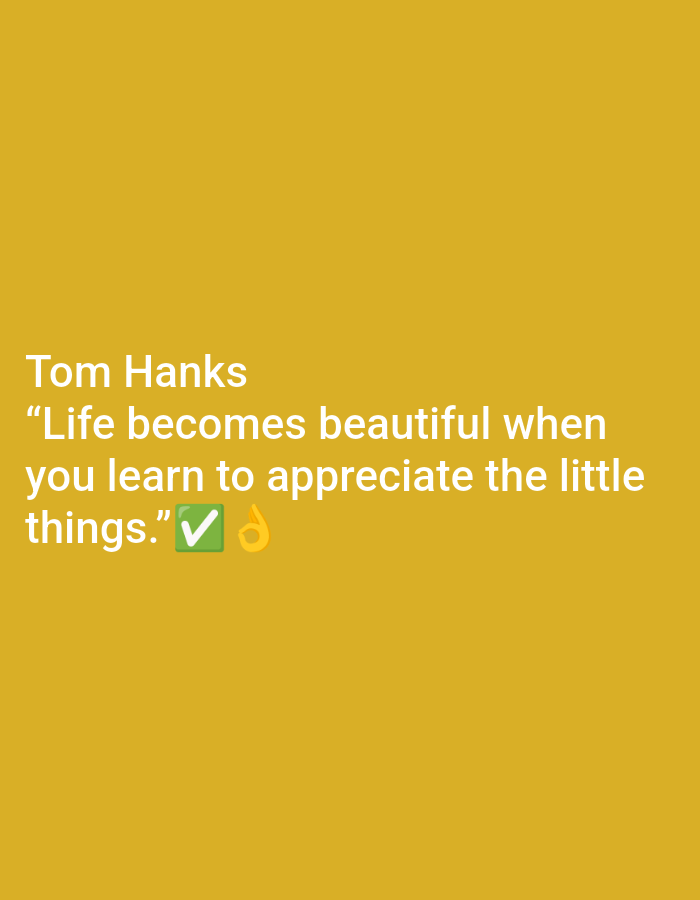 The image contains a yellow background with white text. The text reads: "Tom Hanks “Life becomes beautiful when you learn to appreciate the little things.” ✅👌". The text is in a sans-serif font and is left-aligned. The emojis are positioned to the right of the quote. There are no discernible people, objects, or actions visible in the image beyond the text itself. The image does not contain any information about the city of Ramraj, India.