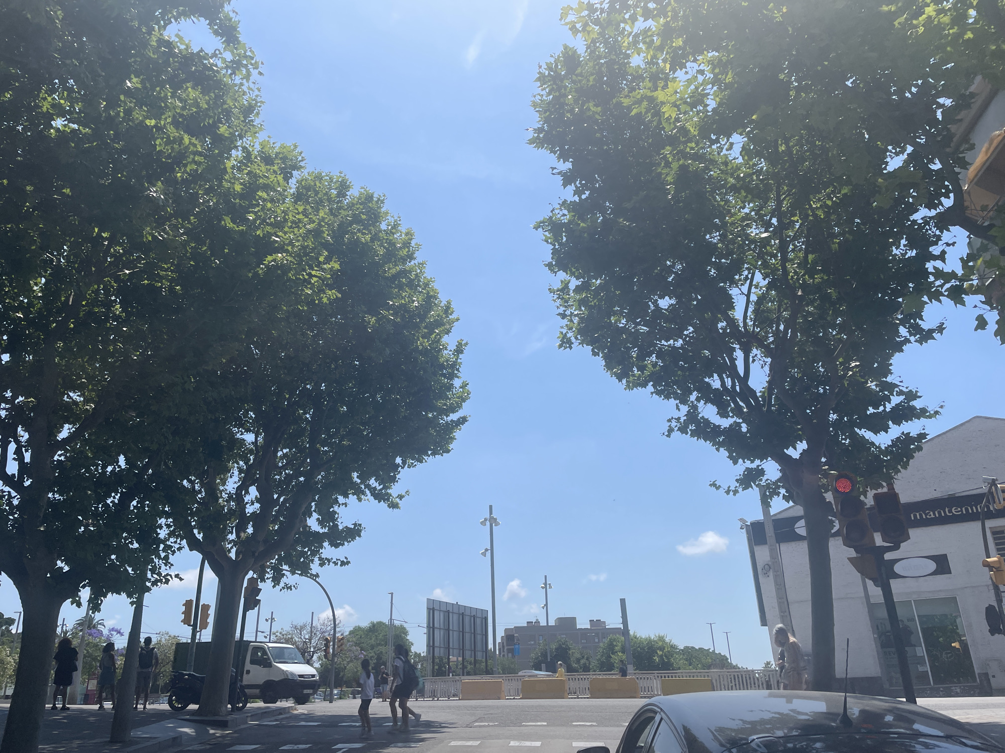 The image shows a street scene in Sant Feliu de Llobregat, Spain, under a bright blue sky with scattered clouds. The view is framed by two large, leafy trees on either side of the street. In the middle ground, pedestrians are crossing at a marked crosswalk. A white van is parked near the intersection. Further in the background, barriers and buildings are visible, including structures that appear to be part of a larger industrial or commercial complex. A car is in the foreground, partially obscuring the view. The light appears bright, suggesting a sunny day. A traffic light is visible, showing a red signal.