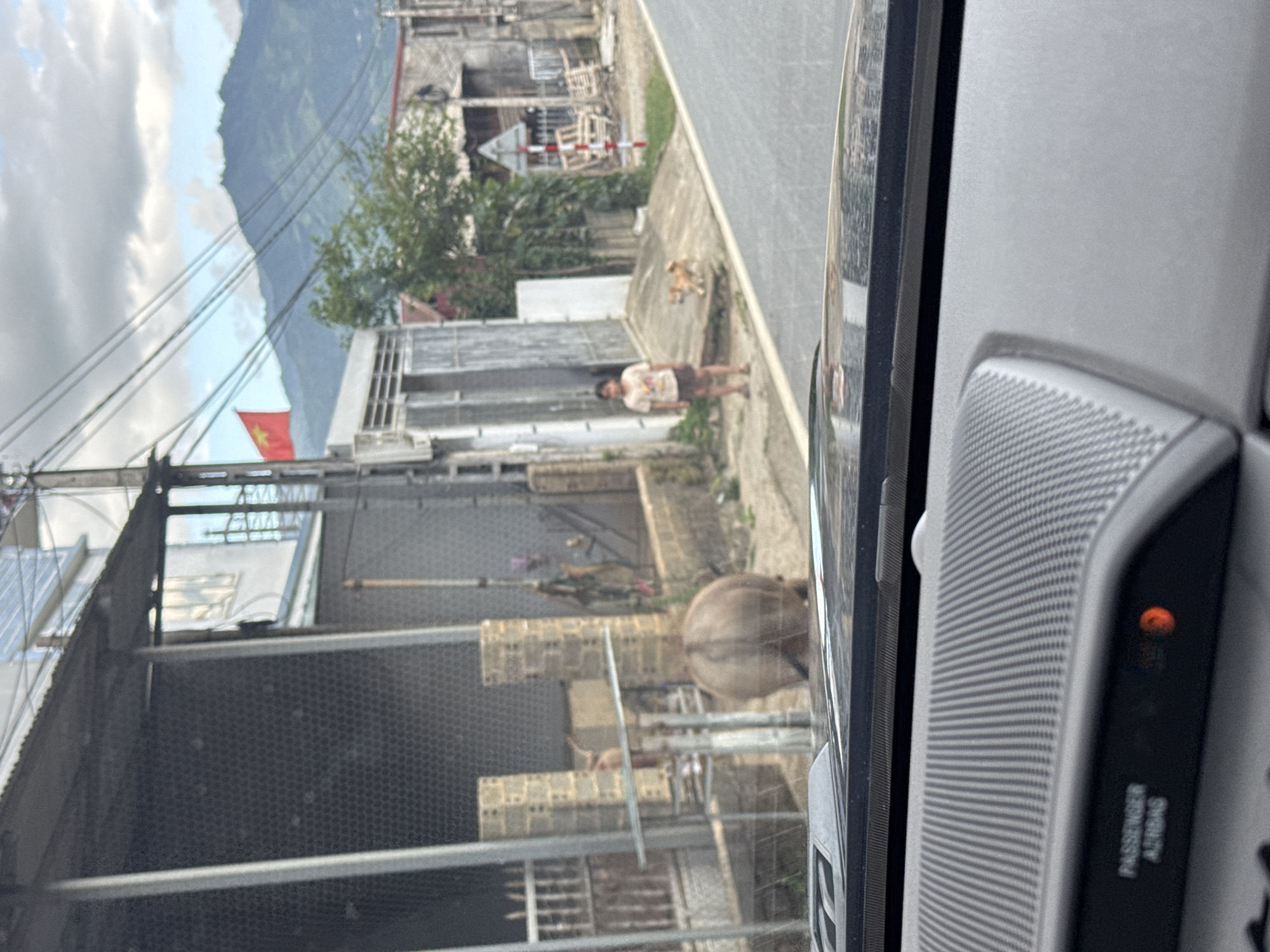 This image captures a street scene in Tú Lệ, Vietnam, viewed from the interior of a vehicle. The foreground shows the top of a dark gray vehicle dashboard, including a speaker grille on the left and a "PASSENGER AIRBAG" label with an illuminated orange indicator light.
Beyond the windshield, the scene depicts a rural or semi-urban environment. In the background, large, green, tree-covered mountains rise under a partly cloudy sky. Numerous overhead power lines and utility poles traverse the upper portion of the frame. A red Vietnamese flag with a yellow star is prominently displayed, flying from a pole on the left side.
The midground features a paved road running from the lower right towards the center left. To the left of the road, a light brown water buffalo or cow, seen from behind, stands near a wire mesh fence in front of a house. Its tail is visible. To the right of the animal, a person, appearing to be a child or young adult, stands on a dirt shoulder or sidewalk, wearing a light-colored t-shirt and dark shorts/skirt. A small, light brown dog is positioned between the person and the road.
Further down the road on the right, a white triangular sign with a red border and a vertically striped red and white pole is visible. Nearby, several wooden objects, resembling stacked crates or pallets, are present. The houses along the road are simple, constructed from concrete or stucco, some featuring corrugated metal roofs. The overall environment suggests a community nestled against a mountainous landscape.