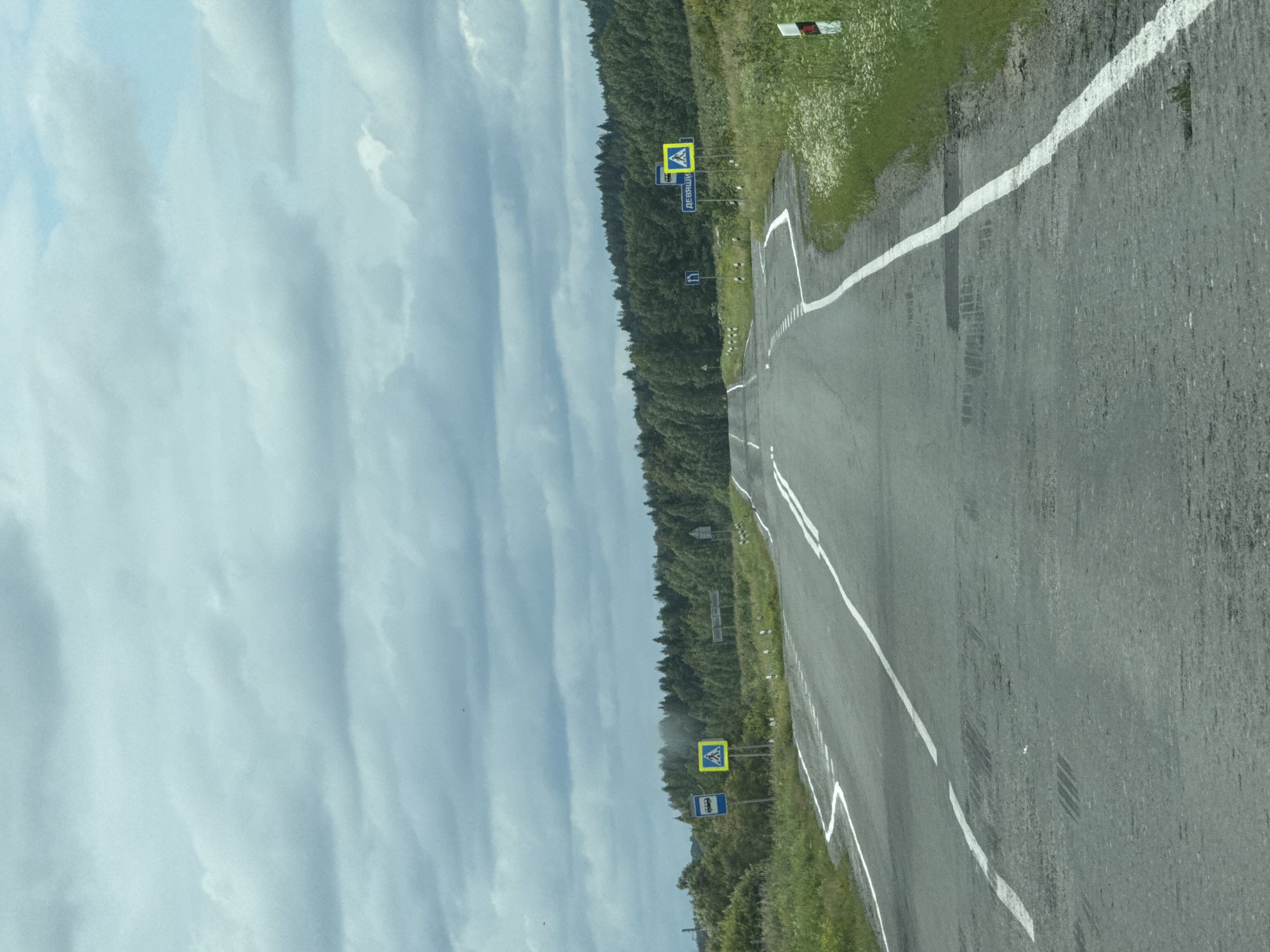 The image shows a two-lane asphalt road with white lane markings, curving to the right through a rural landscape under a cloudy sky. On the left side of the road, there are two blue and yellow signs. The first sign is blue with a white silhouette of a bus, indicating a bus stop. The second sign is yellow with a black silhouette of a pedestrian crossing. Further down the road on the right, there is another set of similar signs, with the yellow sign featuring the word "ДЕВЯШИ" in Cyrillic above the pedestrian crossing symbol. The road is bordered by green grass and wildflowers on both sides, with a dense forest in the background. There are several white posts with red and white reflective markers along the right side of the road. The overall impression is of a rural highway in Russia, likely near the settlement of Klyuchi, given the presence of Cyrillic text on a sign.