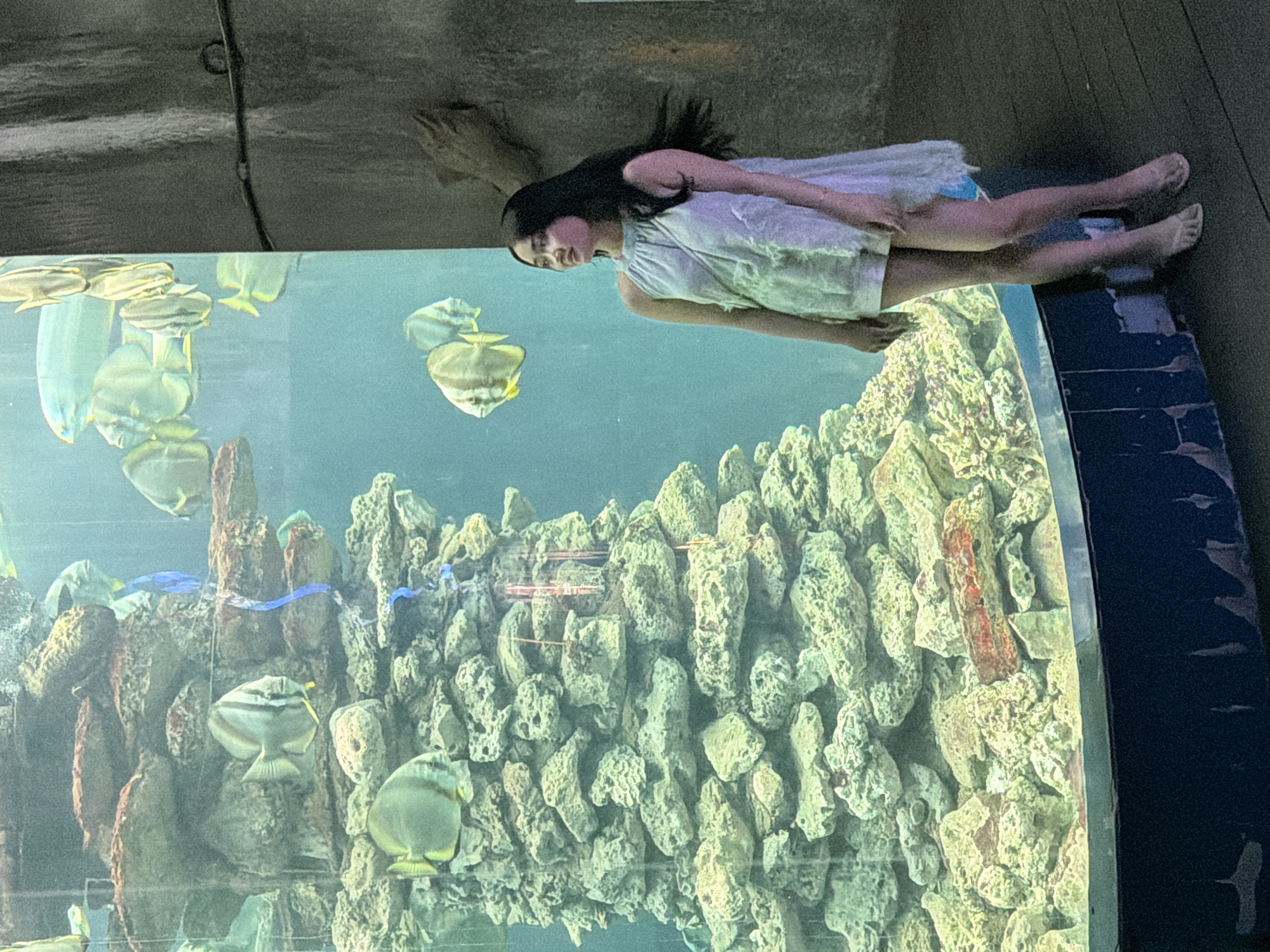 A young Asian woman stands to the right of a large, cylindrical aquarium. She is wearing a light blue halter top and white shorts, with a sheer, light blue overlay draped over her left shoulder. Her dark hair is blowing to the right. The aquarium contains a rocky structure resembling coral, and several large, disc-shaped fish swim within the blue-tinted water. The background to the right of the aquarium appears to be a concrete wall, with some decorative elements that resemble driftwood. The floor is made of dark wood planks. This scene is likely located at the Tri Nguyen Aquarium on Hon Mieu Island, near the city of Nha Trang, Vietnam.