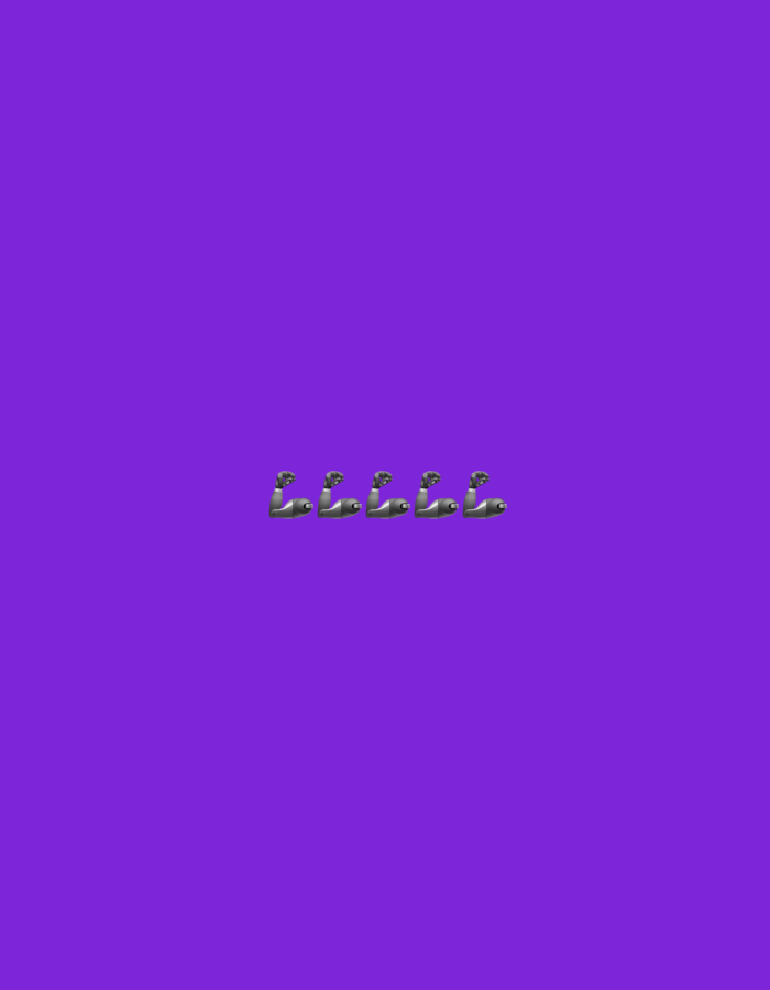 The image displays a solid purple background with a row of five identical grey bicep flex emojis positioned horizontally near the bottom center. The emojis are evenly spaced and oriented to the left. The scene is devoid of any urban elements or identifiable locations within Łagów, Poland, or any other city.