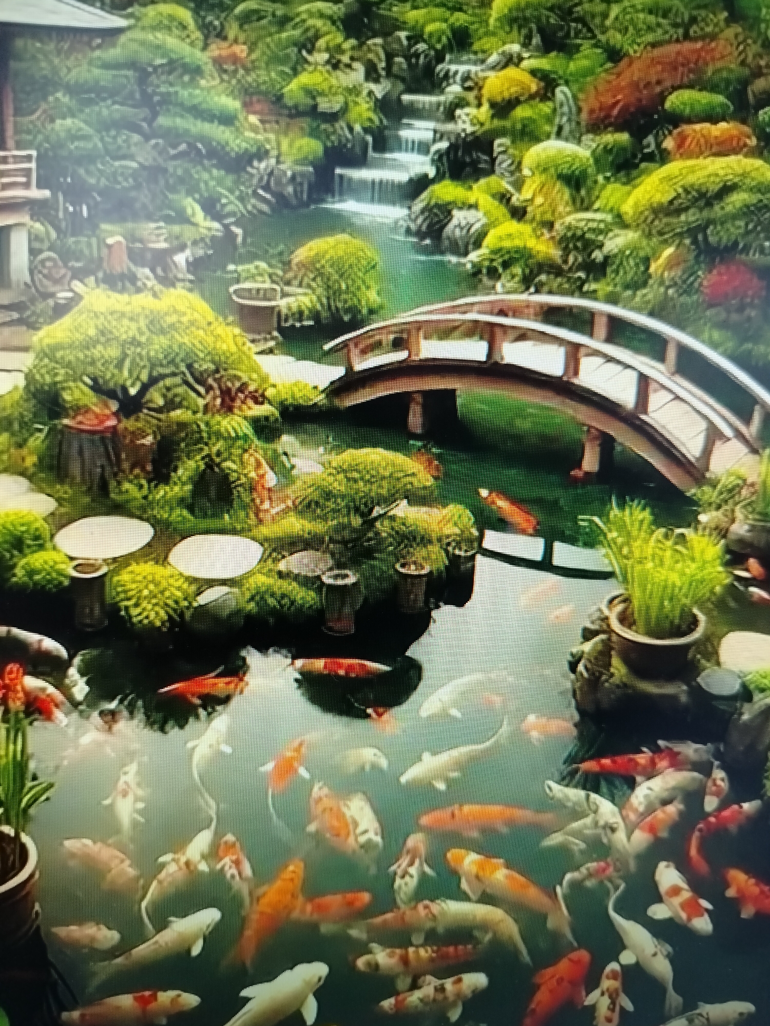 The image depicts a serene Japanese garden with a koi pond. A gracefully arched wooden bridge spans the pond, leading to lush greenery and tiered waterfalls in the background. Various koi fish, in shades of orange, white, and patterned combinations, swim in the clear water. The garden features meticulously sculpted bushes, decorative rocks, and potted plants, creating a tranquil atmosphere. There are no people visible in the image. The scene is a beautiful and well-maintained garden, likely a private or public space designed for relaxation and aesthetic appreciation. The request to include the location in Yashkino, Russia, cannot be fulfilled as there is no information within the image to support this or any other specific geographical location.