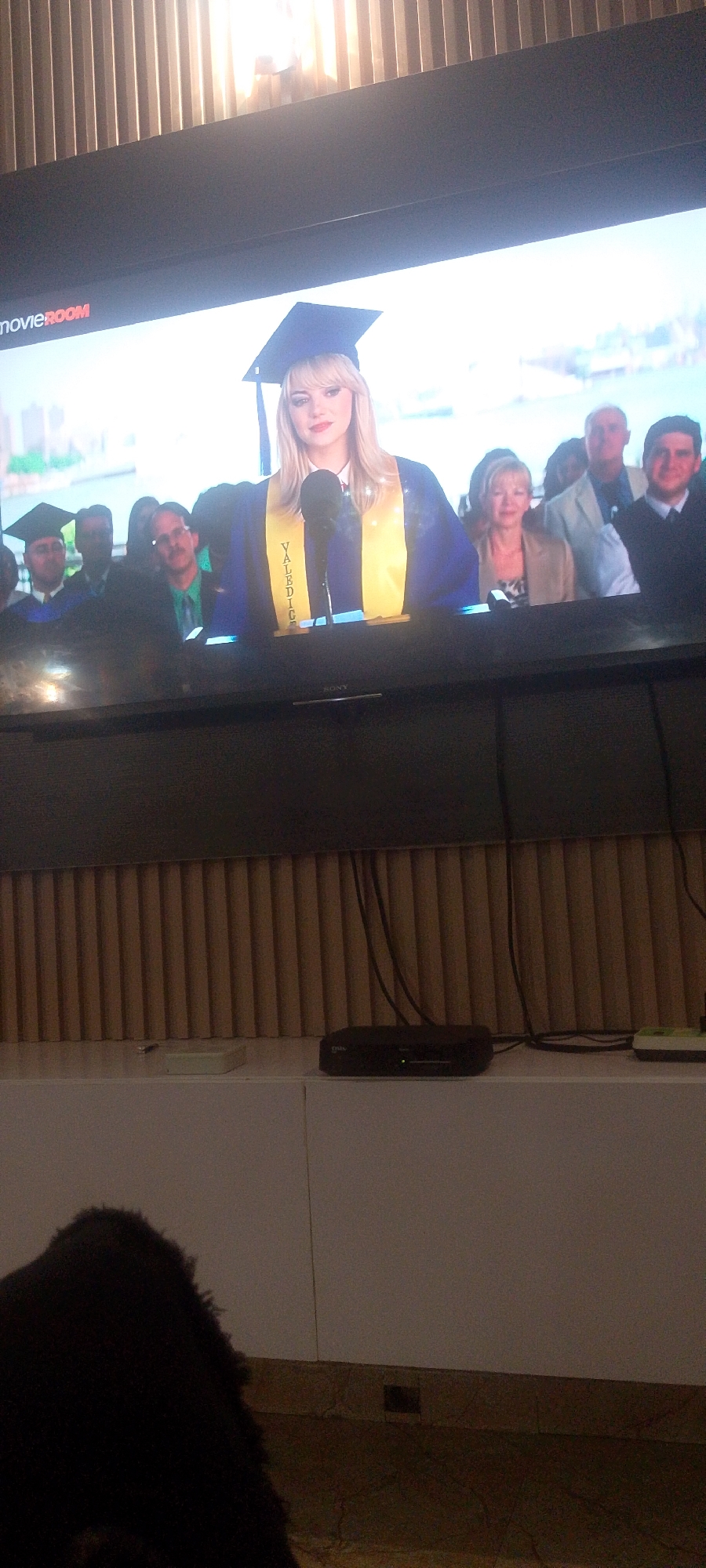 A woman wearing a graduation cap and gown stands at a podium, speaking to an audience. She has blonde hair and is wearing a blue gown with yellow trim. The word "YALE" is visible on the trim. Behind her, several people can be seen in the audience, some wearing graduation caps as well. The scene appears to be an indoor event, possibly a graduation ceremony. A television screen displays this scene, with the "movieroom" logo in the top left corner. The television is placed on a white cabinet, with cables and electronic devices visible on the cabinet's surface. The background behind the television shows vertical wooden blinds. In the foreground, a dark, furry object is partially visible.