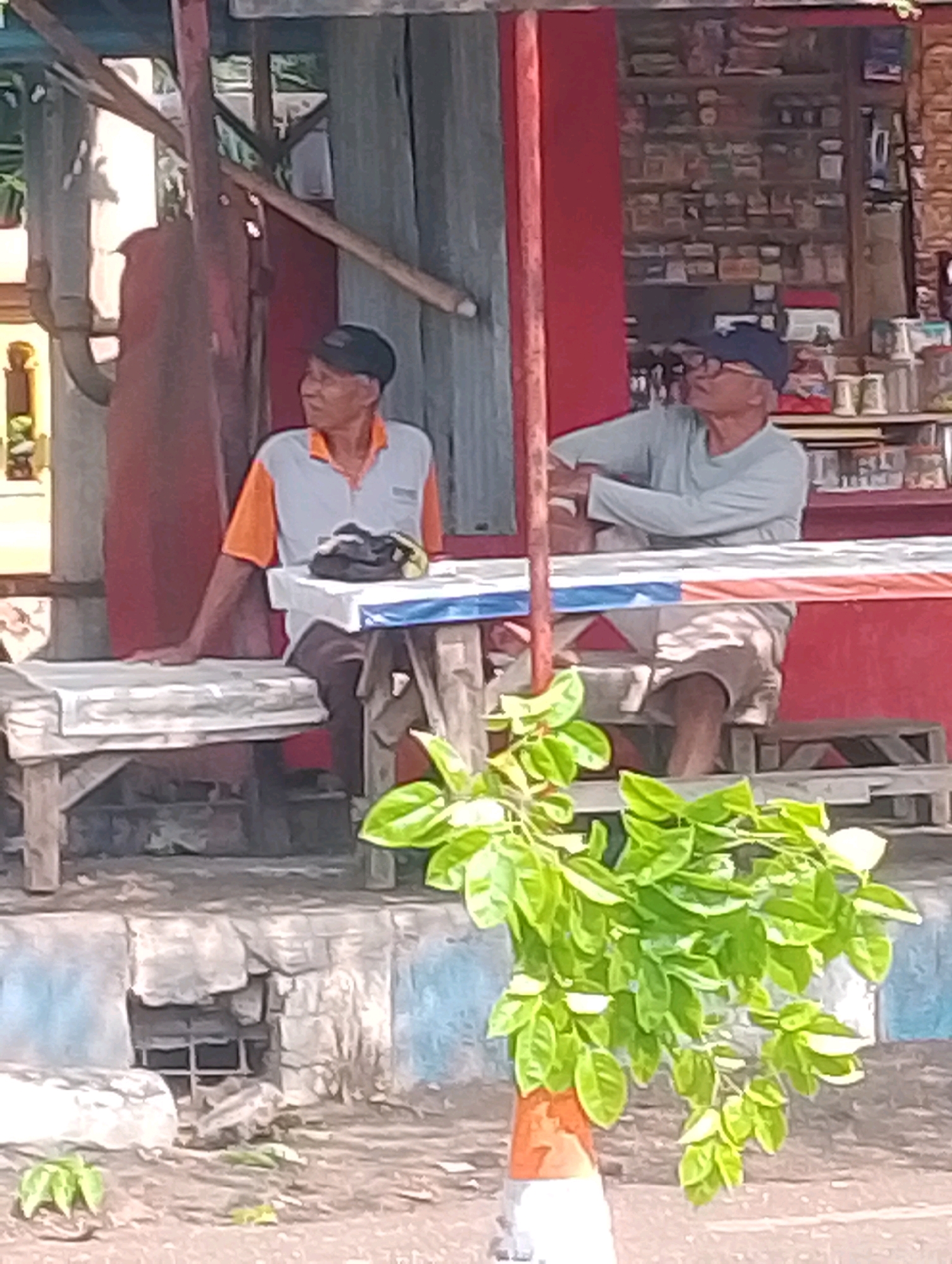 Two men are seated outdoors in front of a shop. The man on the left is wearing a grey and orange polo shirt and dark pants, and is seated on a wooden bench. He is leaning on his left arm and looking to the left. The man on the right is wearing a light blue long-sleeved shirt, dark shorts, and a dark baseball cap. He is seated on a wooden bench and looking upwards. There is a table between them with a white cloth and some dark objects on it. The shop behind them has shelves stocked with various items. In the foreground, there is a tree with green leaves. The scene appears to be in a street or market setting in Probolinggo, Indonesia.