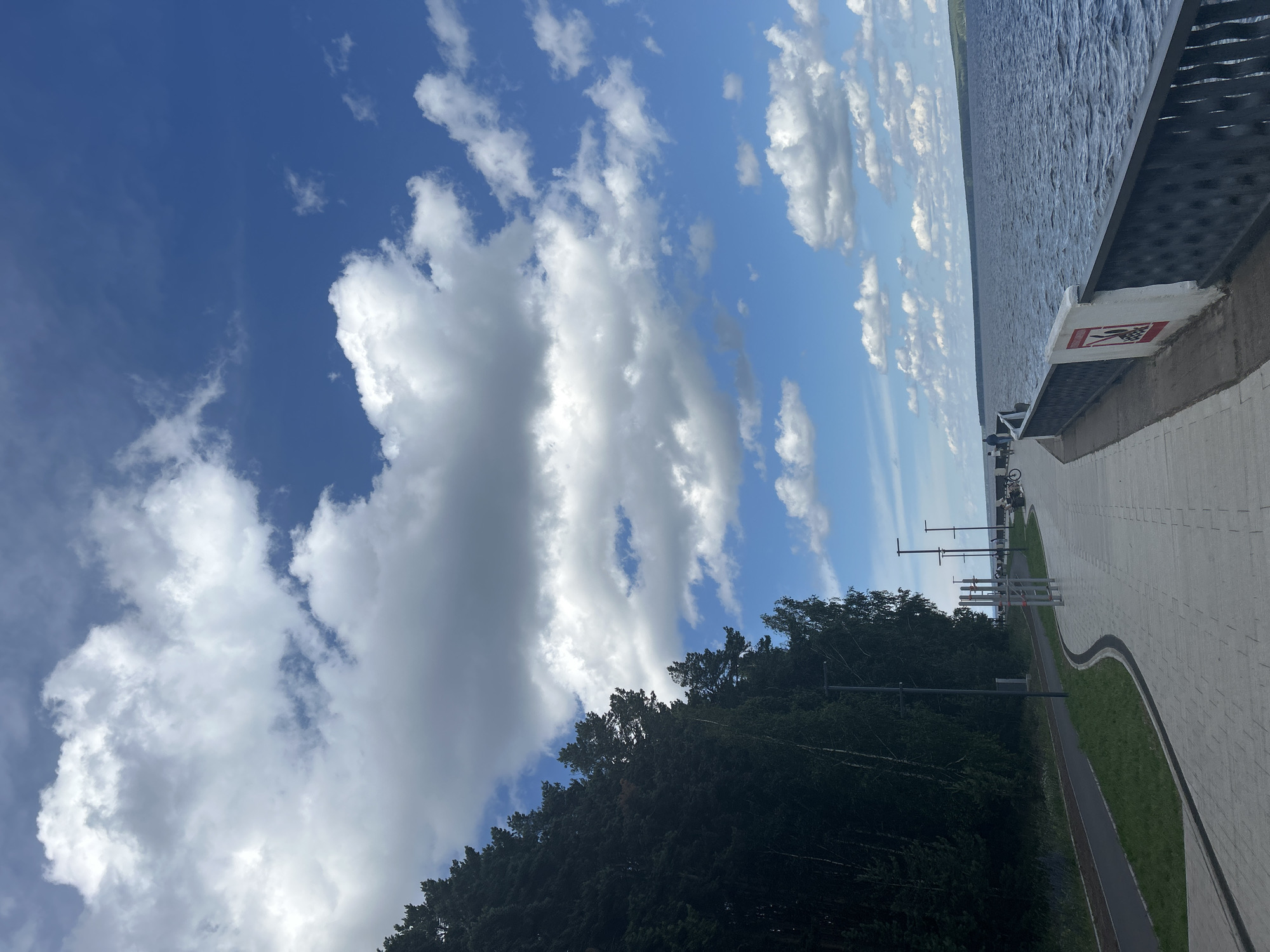 The image depicts a scenic view of the Kama River embankment in Chaikovsky, Russia, under a bright blue sky dotted with fluffy white clouds. A paved walkway curves along the river's edge, bordered by a dark metal railing with a white section featuring a red and black warning sign. To the left of the walkway, a dense forest of dark green trees stretches upwards, with a paved path and grassy area in front of it. Several lamp posts are visible along the embankment, and a few people can be seen walking and a bicycle is parked on the walkway. The water of the Kama River appears choppy with small waves, reflecting the sky and clouds. In the distance, the opposite bank of the river is visible as a tree-lined horizon.