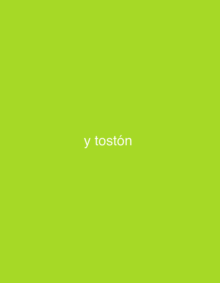 The image displays a solid, vibrant lime green background. Centered on this background is the text "y tostón" rendered in a light gray or white color. No people, objects, or specific scenes are depicted. The image offers no discernible location cues, time of day, weather, or visible activity.