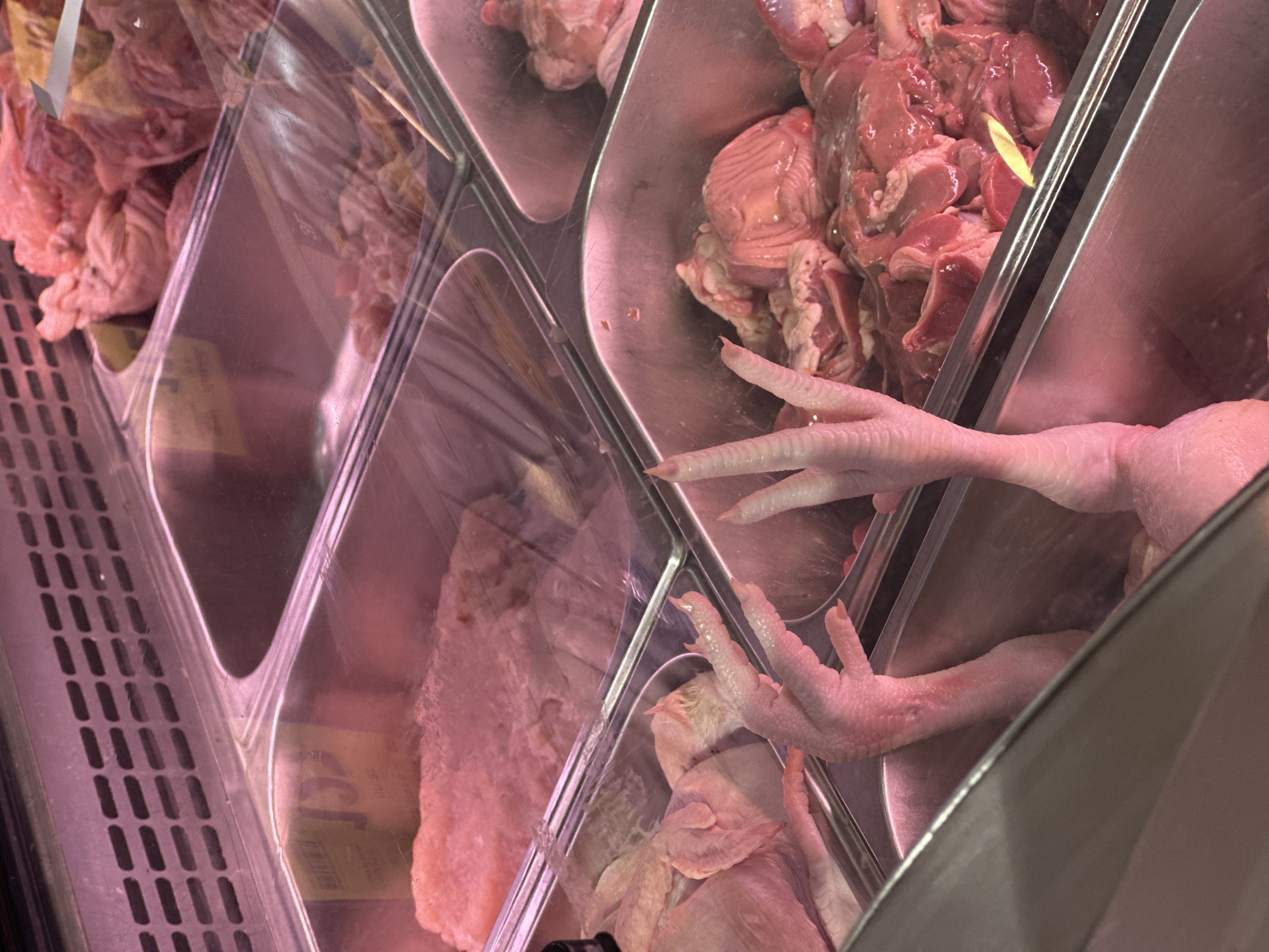 This is a close-up, eye-level shot of raw chicken parts displayed in a refrigerated glass case at a market or grocery store. The chicken is pink and appears fresh. In the foreground, several chicken feet are prominently displayed, with their claws pointing upwards. Behind the feet, other chicken pieces, including what appears to be whole chickens or large portions, are visible. The display case is divided into compartments, each containing different cuts of chicken. The lighting in the scene is pinkish, likely from the refrigeration unit. The overall environment suggests a food retail setting in ตำบลเกาะพะงัน, Thailand.