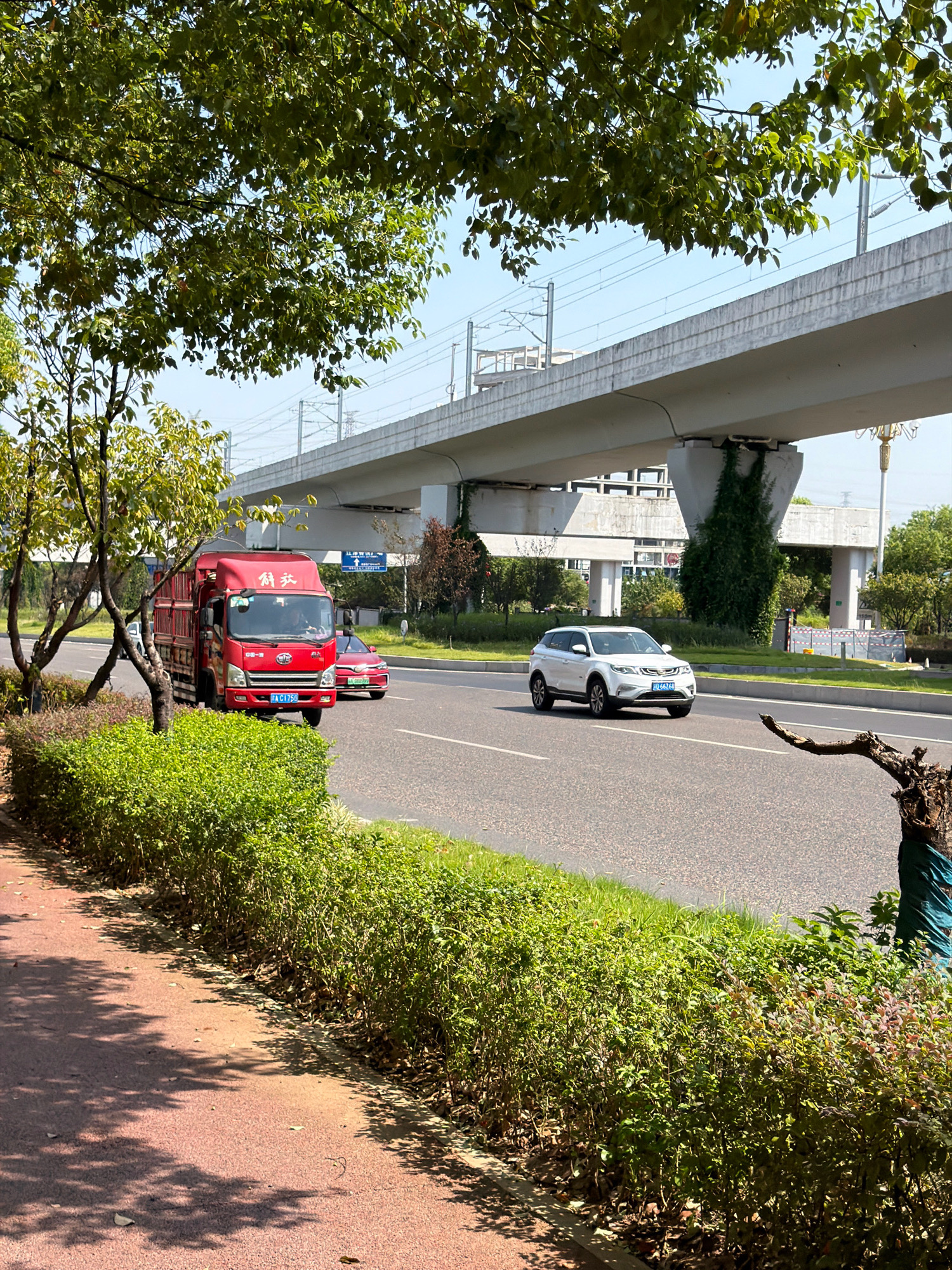 This is a street-level photograph taken in Jiangjin, China, on a sunny day. In the foreground, a red truck with Chinese characters on its side is parked on the right side of a two-lane road. Next to the truck, a red car is also parked. To the left of the road, there is a sidewalk made of reddish-brown material, with shadows from trees cast across it. A lush green hedge runs along the edge of the road. In the background, a white SUV is driving on the road. Above the road, an elevated concrete structure, likely part of an overpass or railway line, spans the scene. The sky is clear and blue. The overall environment suggests an urban setting with greenery and infrastructure.