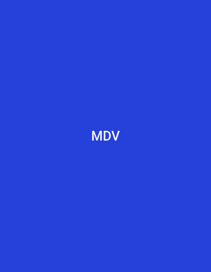 The image displays a uniformly colored, royal blue background. Centrally positioned on this background are the capital letters "MDV," rendered in a white, sans-serif font. There are no other discernible visual elements, such as people, additional objects, specific textures, or contextual cues that would indicate a particular geographical setting, including the city of Casablanca, Morocco. The scene is static and abstract, devoid of any actions or interactions.