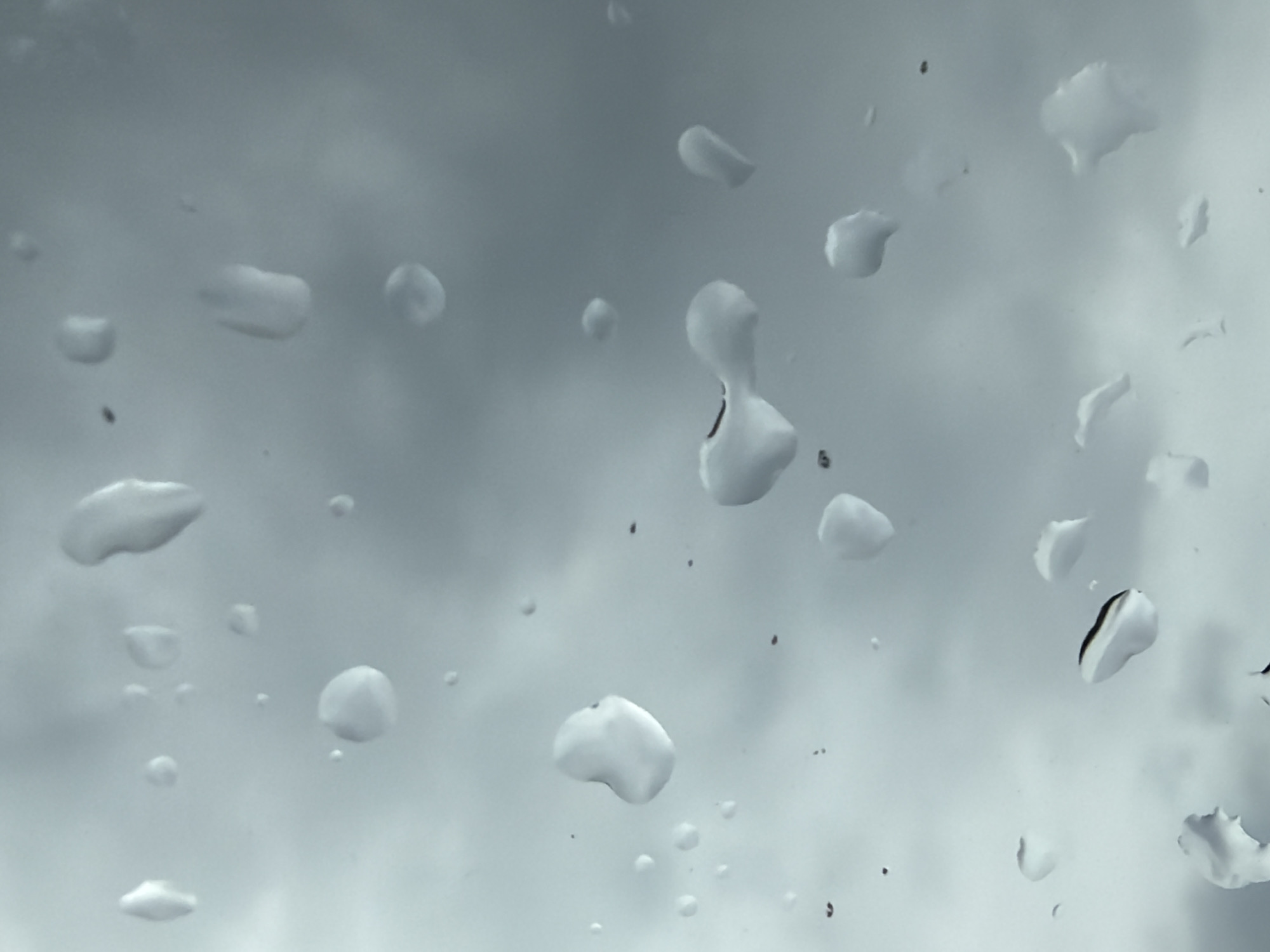 The image presents a close-up, monochromatic view dominated by numerous water droplets of various sizes and irregular shapes. These droplets adhere to a transparent surface, most likely glass, and are depicted against a soft, out-of-focus background. The background appears to be an overcast or cloudy sky, rendered in shades of grey and white, providing a uniform, muted backdrop.
Many of the water droplets exhibit a three-dimensional quality, with highlights reflecting light and darker areas indicating shadow or refraction. Their forms range from small, perfectly spherical beads to larger, more amorphous or elongated shapes, suggesting instances of merging or movement. Scattered across the transparent surface are also tiny dark specks, possibly dust or small debris.
The scene conveys the presence of rain, fog, or heavy condensation. No human subjects or specific identifiable objects are visible other than the water and the blurred sky. The overall impression is one of a quiet, possibly damp, day. There is no discernible text within the image. Based on the provided context, this scene is located in Kamyennoye, Russia. The time of day is not explicitly indicated but the overcast sky suggests daylight hours without direct sun.