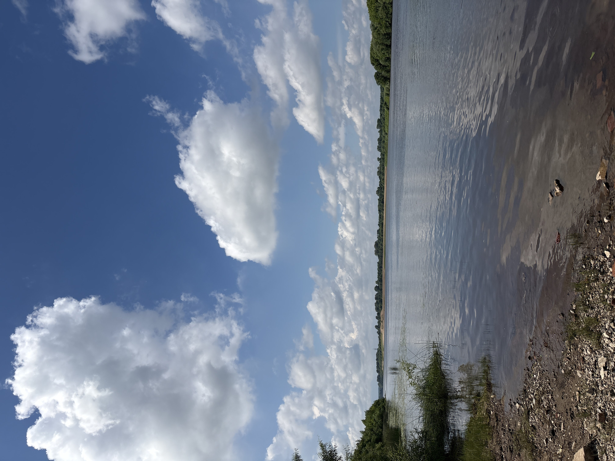The image depicts a wide, calm river under a bright blue sky filled with fluffy white clouds. The riverbanks are lined with dense green trees and vegetation. In the foreground, there is a rocky shore with some scattered debris. The overall scene is tranquil and natural, suggesting a rural or park-like setting. The specific location in Kirovo-Chepetsk, Russia, is not identifiable from the image alone.