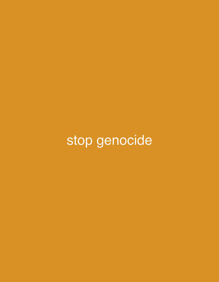 The image displays a solid, uniform orange-brown background. Centered on this background, in white, sans-serif text, are the words "stop genocide". There are no discernible subjects, objects, or a specific scene depicted beyond this text and the colored background. The image lacks any visual cues for time of day, weather, or a particular geographic location; it appears to be a digital graphic or a message board. The text itself conveys a strong message of advocacy, protest, or an appeal for an end to violence and mass killings. Despite the provided location context of "Mũi Né, Vietnam," there are no visual elements in the image that specifically connect it to this location.