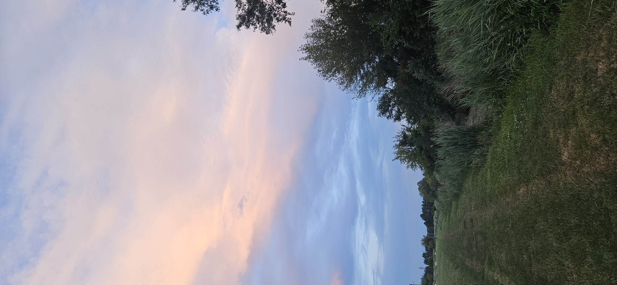 The image depicts a rural landscape at dusk, with a dirt path leading into the distance through a grassy field. Tall reeds and dense trees line the right side of the path, and a line of trees extends across the horizon. The sky is a gradient of soft blues and pinks, indicative of sunset or sunrise. No people or animals are visible in the scene. The location is identified as Hévíz, Hungary.